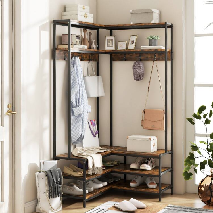 Left. SlickBlue - Corner Garment Rack with Shelves and Shoe Bench, Clothes Storage with 7 Hooks - Walnut.
