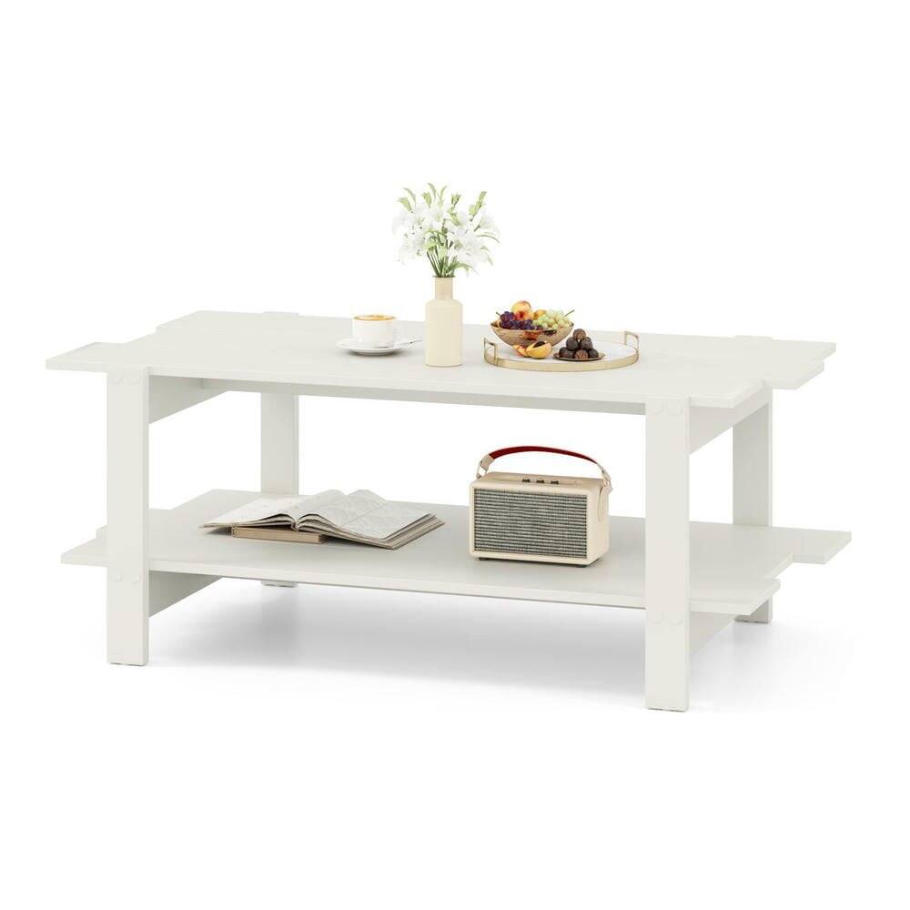 Alt View 4. Kadyn - Wood Slat Coffee Table with Lower Storage Shelf, White Finish - White.