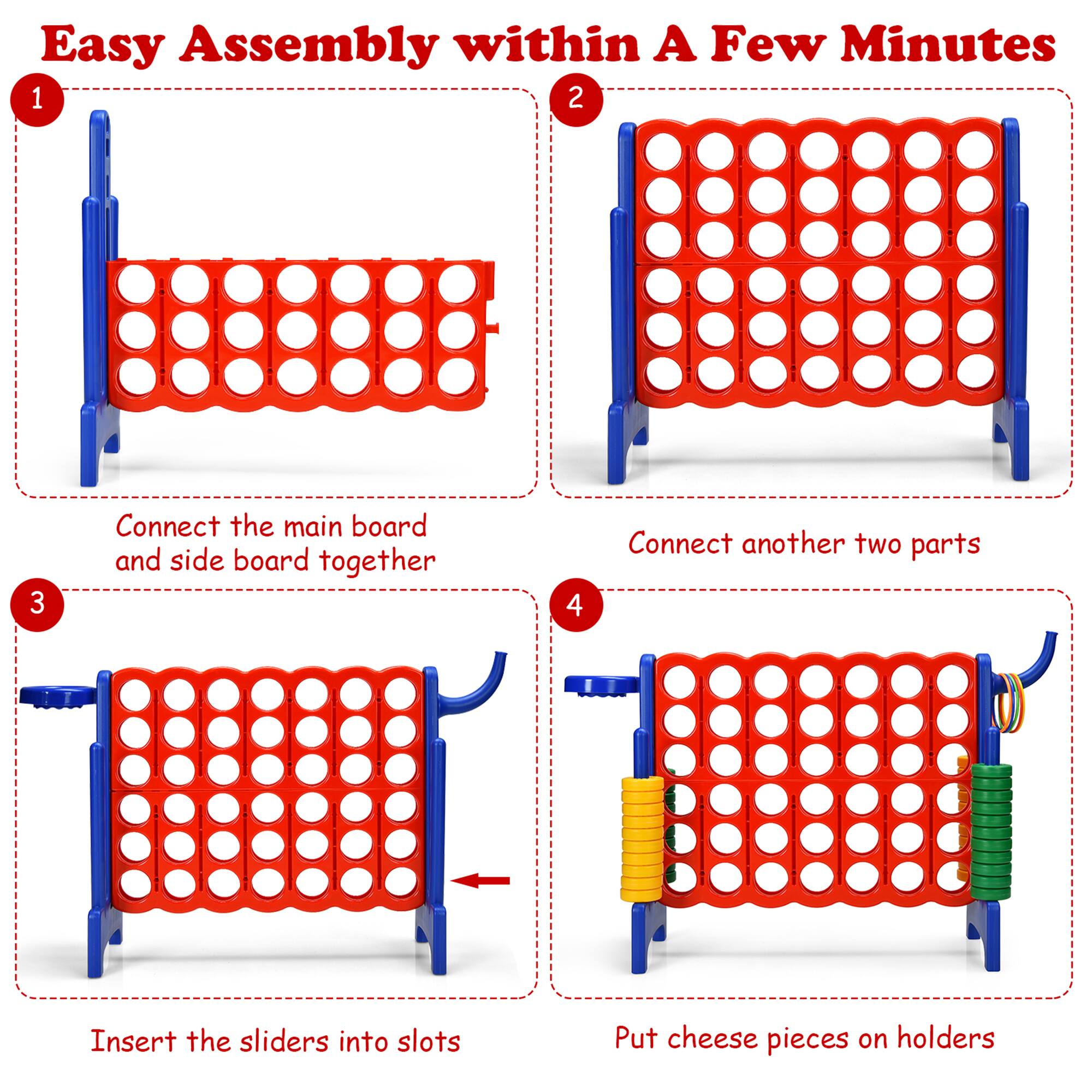 Easy Assembly within A Few Minutes

1. Connect the main board and side board together
2. Connect another two parts
3. Insert the sliders into slots
4. Put cheese pieces on holders