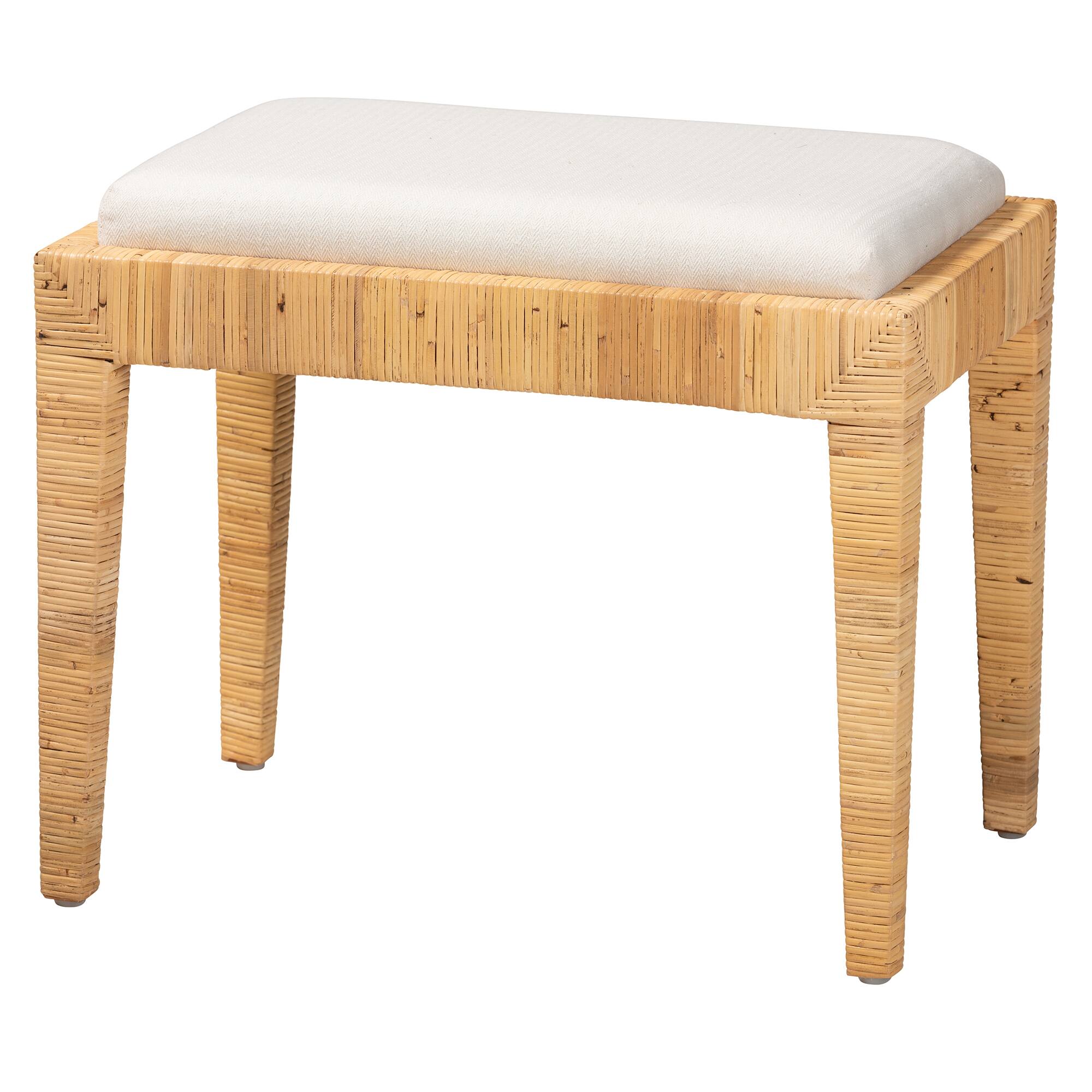 bali & pari - Sofia Modern Bohemian Natural Brown Rattan and Mahogany Wood Ottoman - White/Natural Brown