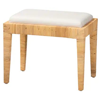 Front. bali & pari - Sofia Modern Bohemian Natural Brown Rattan and Mahogany Wood Ottoman - White/Natural Brown.