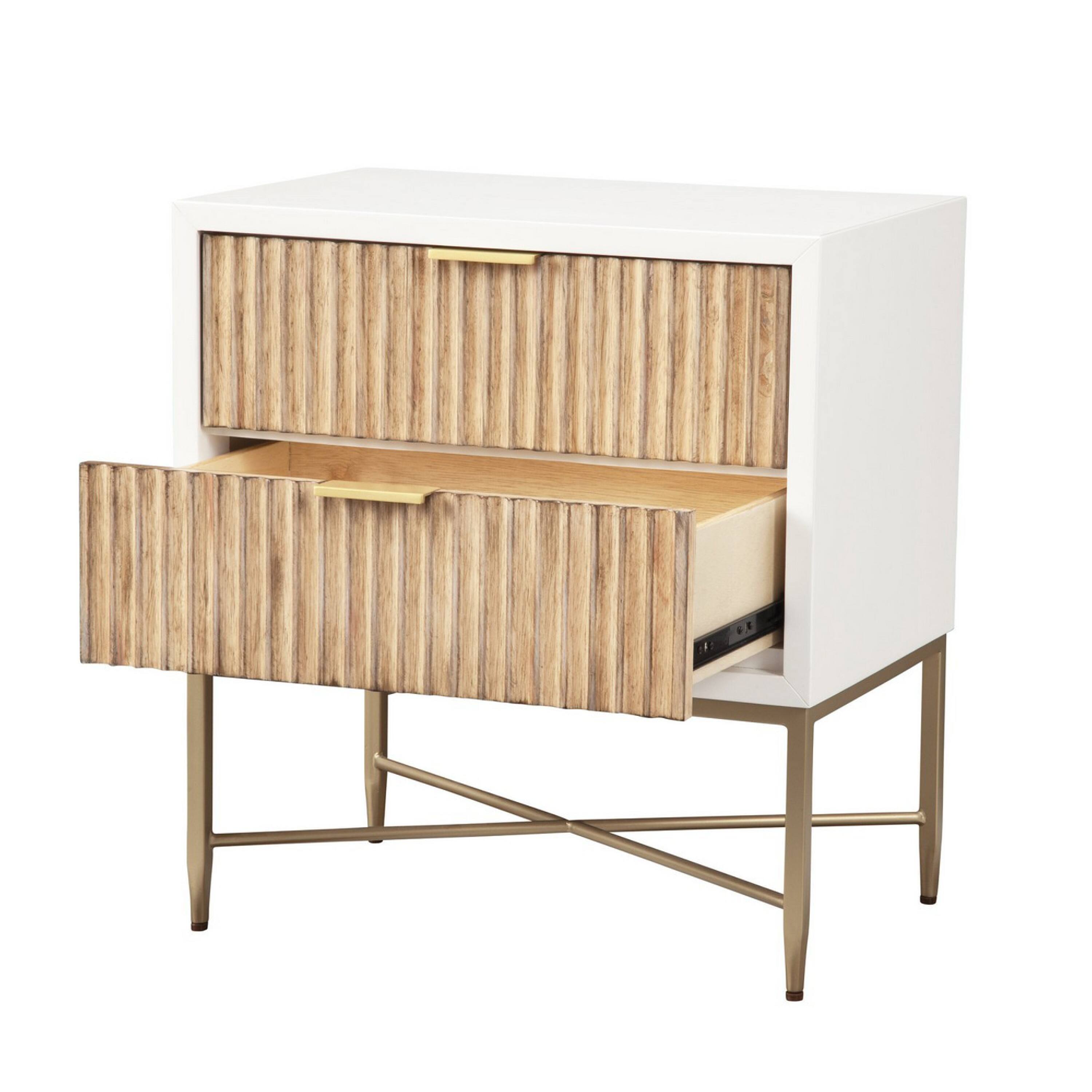 Alt View 1. Manhattan Lane - Eli 26 Inch 2 Drawer Nightstand, Corrugated Panels,  Metal Frame, - White, Brown, Gold.