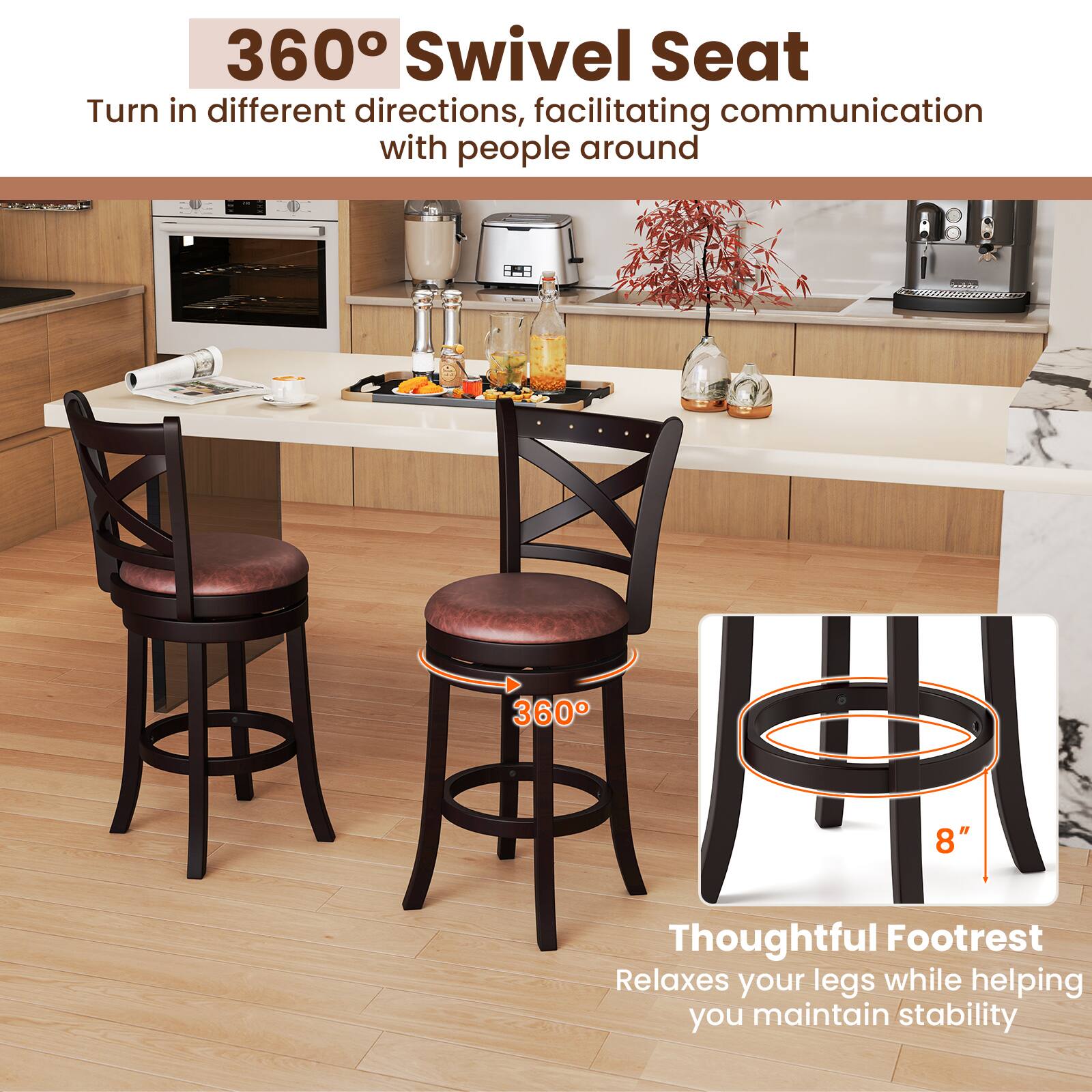360° Swivel Seat: Turn in different directions, facilitating communication with people around.

Thoughtful Footrest: Relaxes your legs while helping you maintain stability.