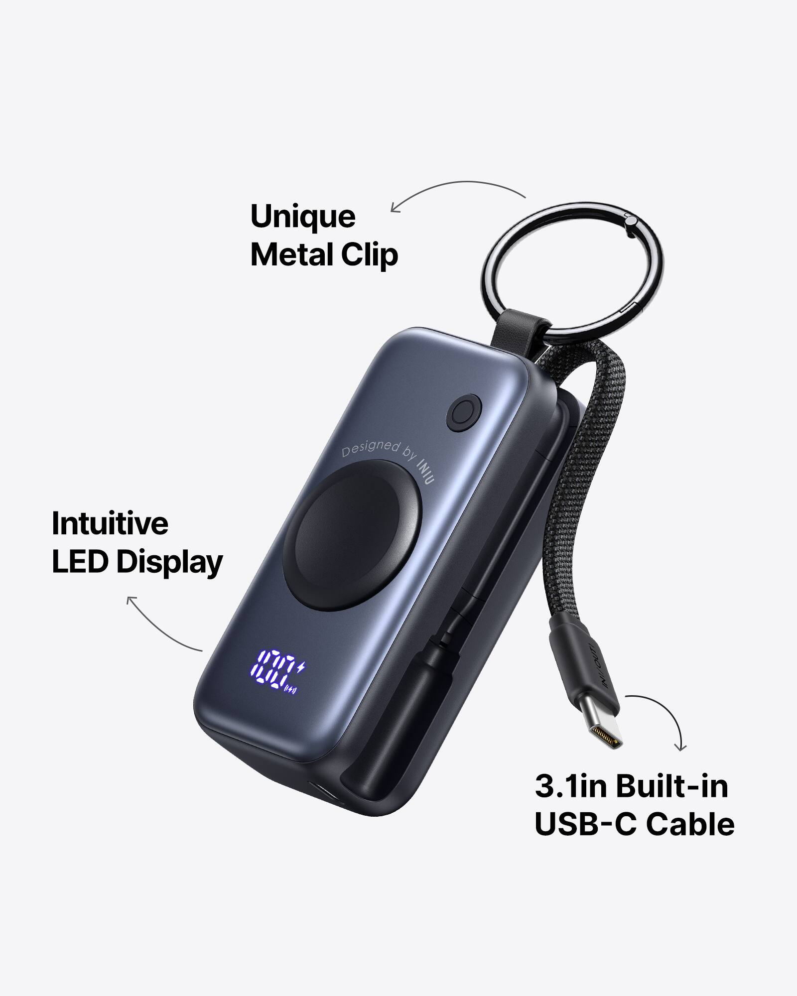 Unique Metal Clip  
Intuitive LED Display  
Designed by INIU  
3.1in Built-in USB-C Cable