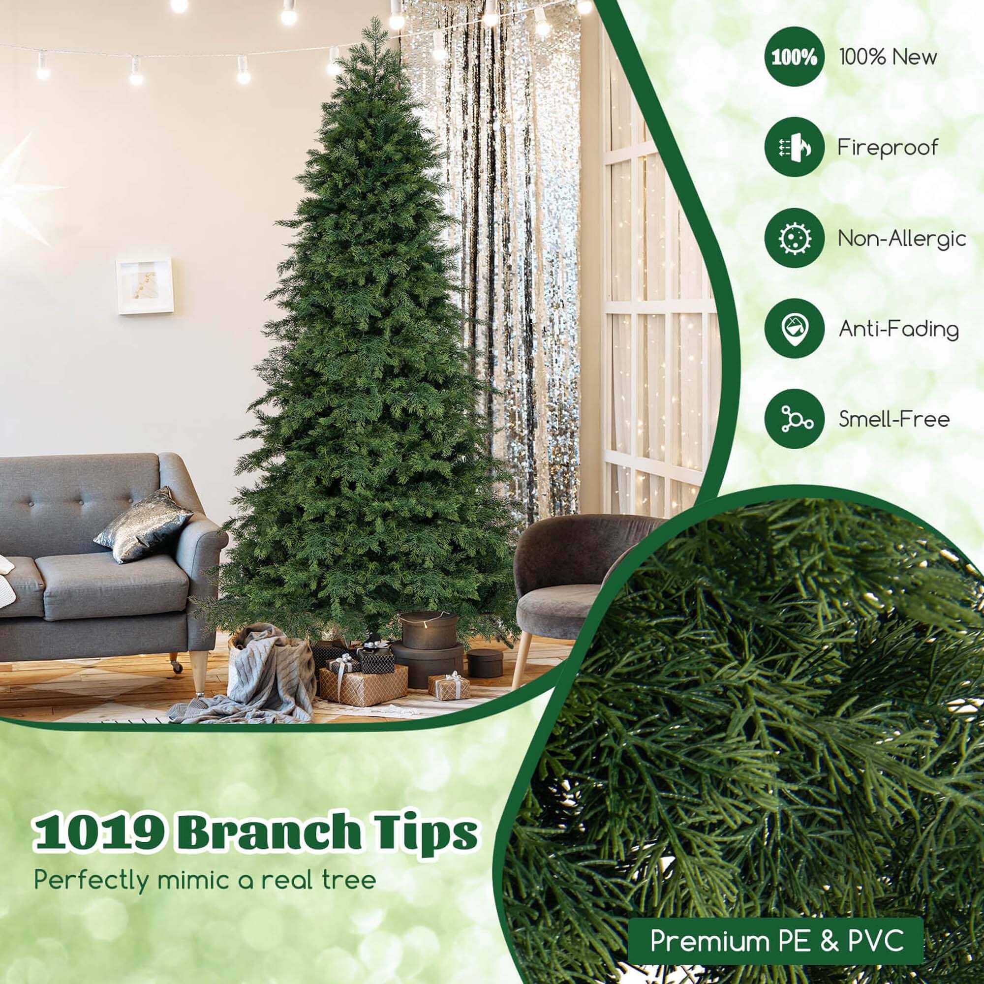 100% New, Fireproof, Non-Allergic, Anti-Fading, Smell-Free, 1019 Branch Tips, Perfectly mimic a real tree, Premium PE & PVC.