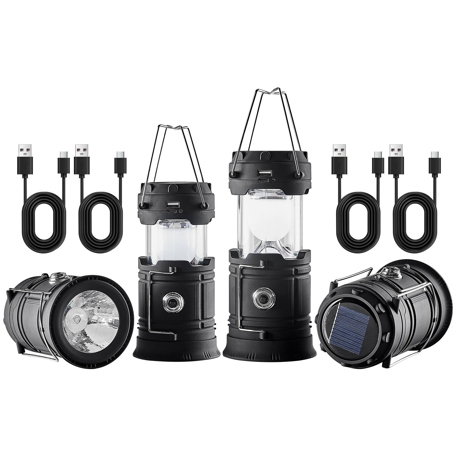 Alt View 5. VEVOR - LED Camping Lanterns, 4 Pack Rechargeable Camping Flashlights, Solar & USB Charging, Portable Collapsible - Black.