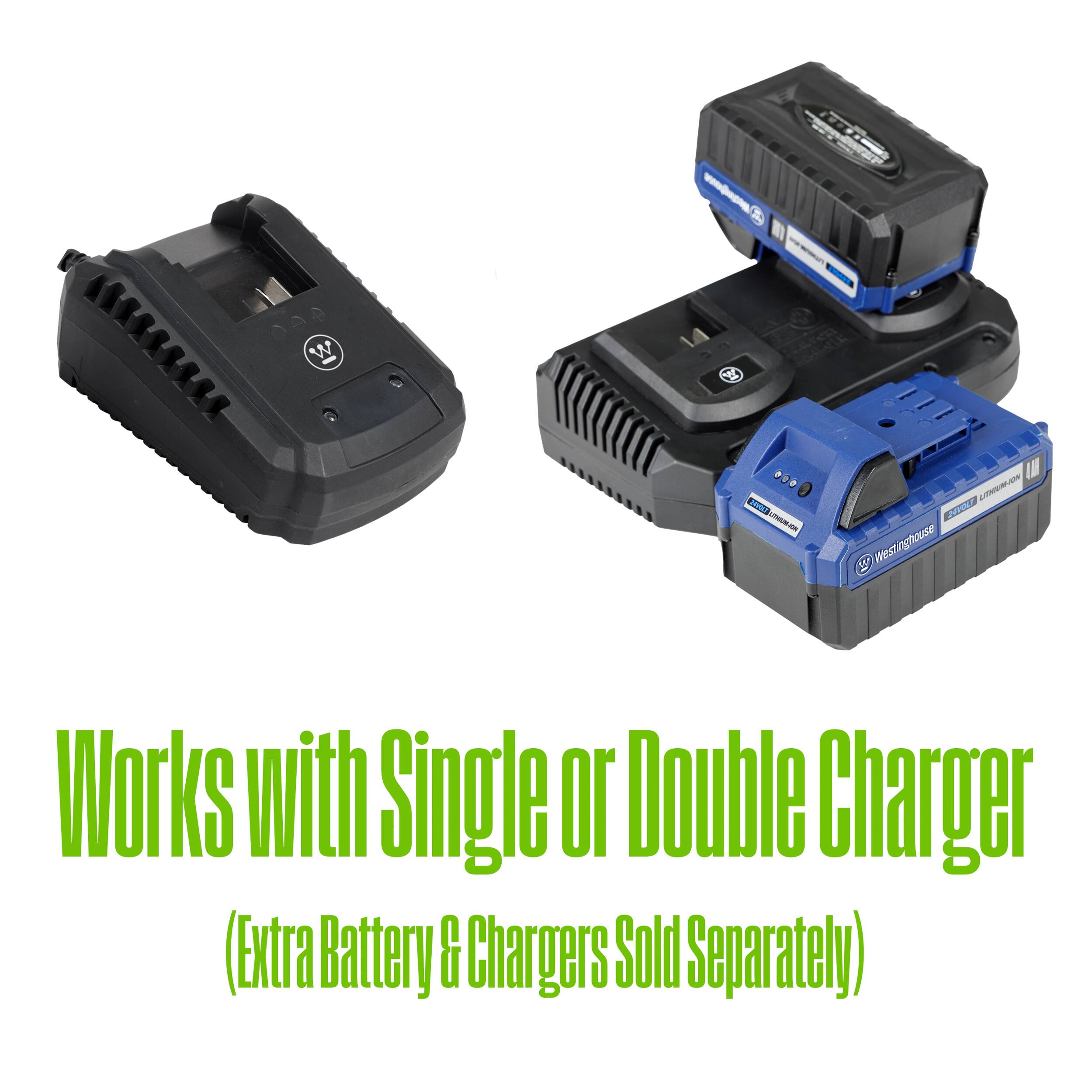 - Works with Single or Double Charger
- (Extra Battery & Chargers Sold Separately)