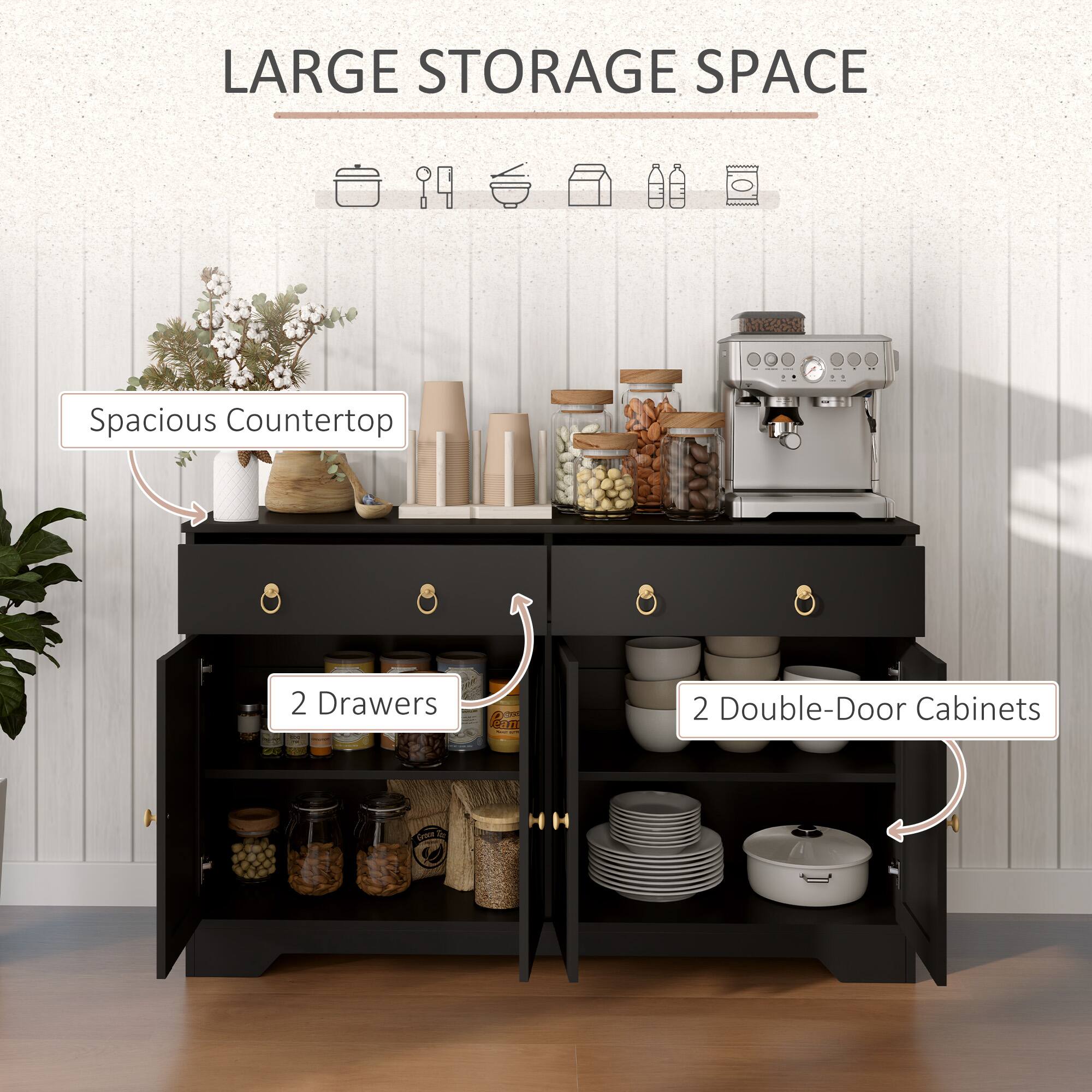 LARGE STORAGE SPACE, Spacious Countertop, 2 Drawers, 2 Double-Door Cabinets