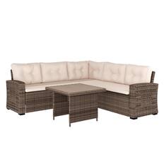Front. Emma + Oliver - Indoor/Outdoor Dining Table/L-Shaped Sofa Conversation Set - Beige Cushions/Brown Frame.