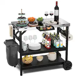 Gymax - 3-Shelf Movable Grill Cart Table Home & Outdoor Multifunctional Stainless Steel - Black + Sliver