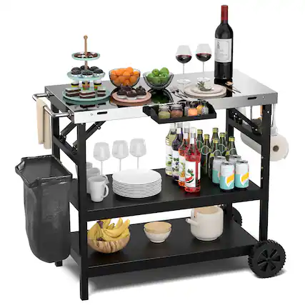 Front. Gymax - Gymax 3-Shelf Movable Grill Cart Table Home & Outdoor Multifunctional Stainless Steel - Black + Sliver.
