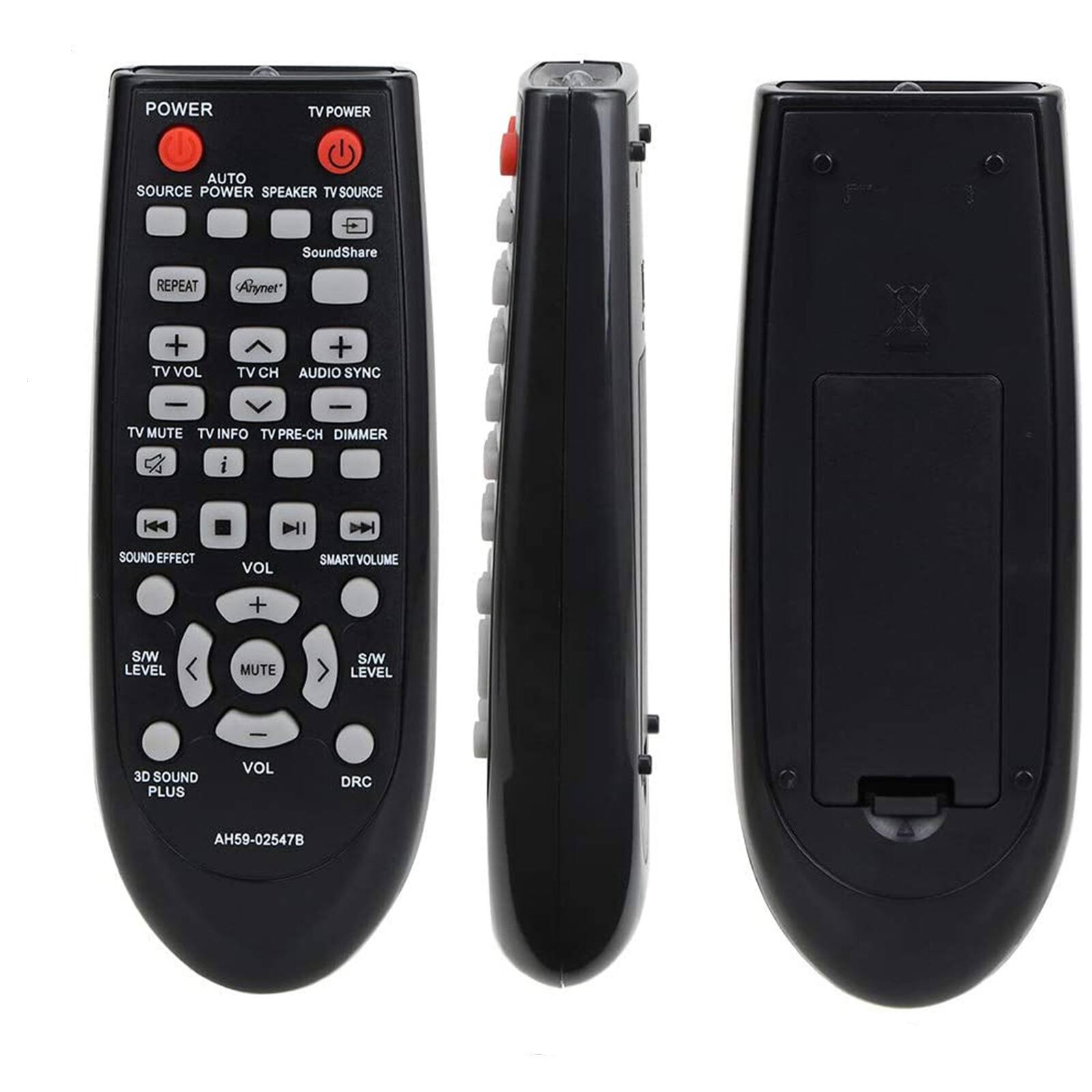 POWER TV POWER  
AUTO SOURCE POWER SPEAKER TV SOURCE  
SoundShare  
REPEAT  
Ahynet  
TV VOL  
TV CH  
AUDIO SYNC  
TV MUTE  
TV INFO  
TV PRE-CH  
DIMMER  
SOUND EFFECT  
VOL  
SMART VOLUME  
S/W LEVEL  
MUTE  
S/W LEVEL  
3D SOUND PLUS  
VOL  
DRC  
AH59-02547B