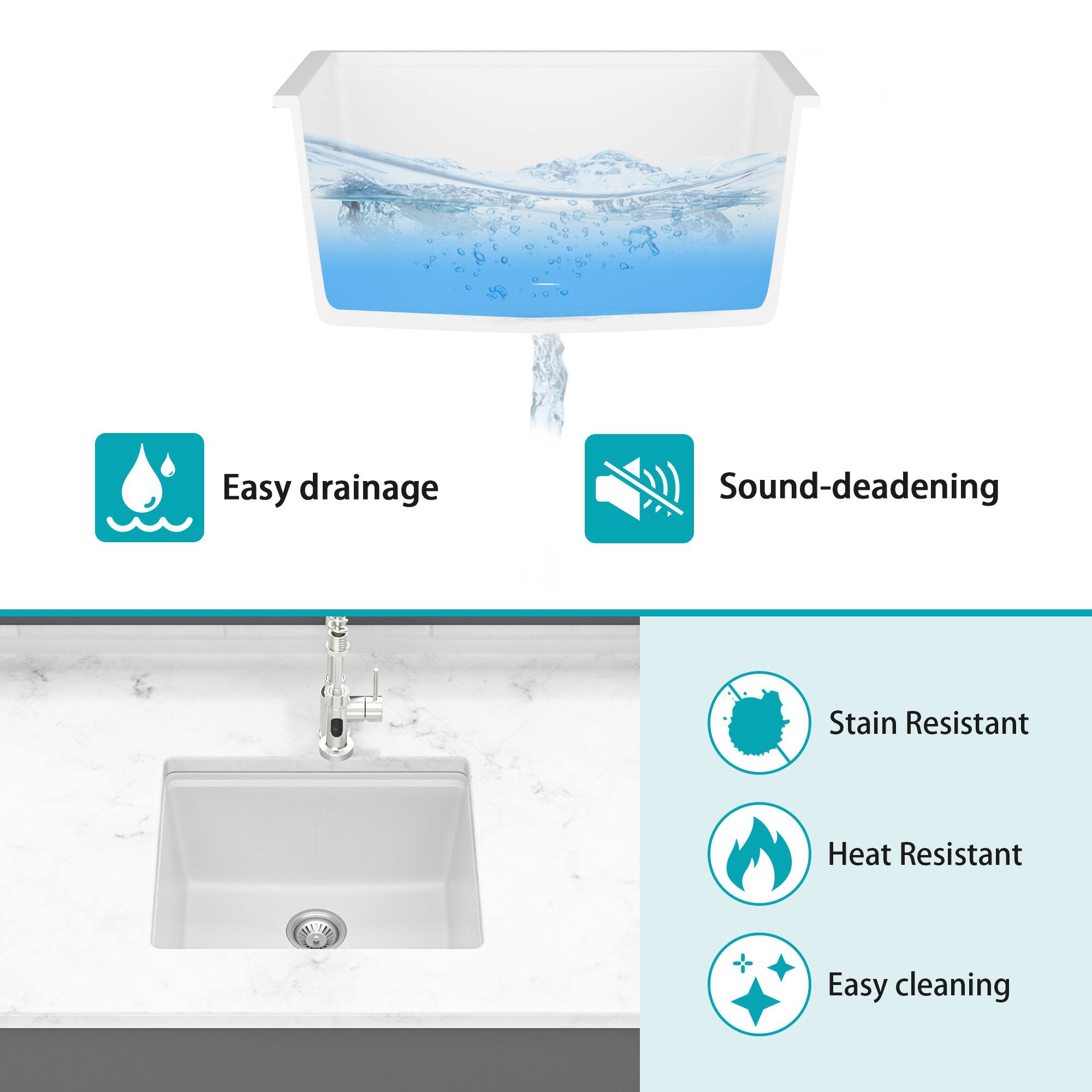 Easy drainage  
Sound-deadening  
Stain Resistant  
Heat Resistant  
Easy cleaning