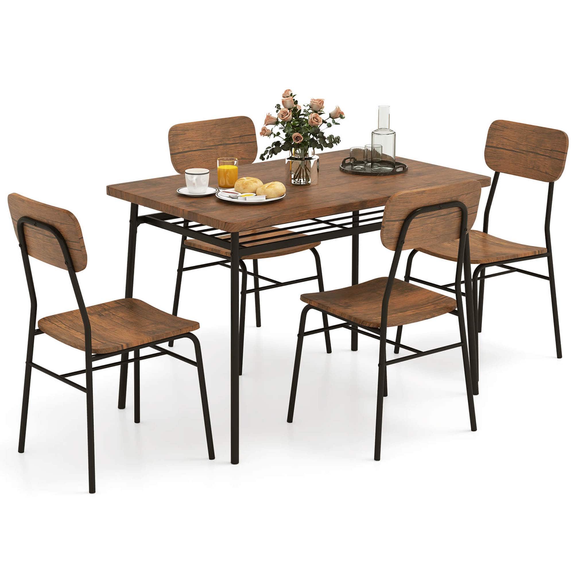 Costway - 5 PCS Wood Square Kitchen Table & Chair Set with Metal Frame Storage Rack - Brown