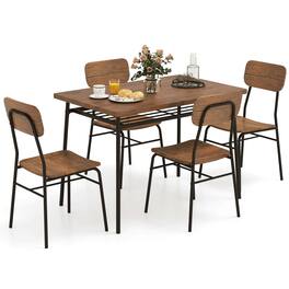 Costway - 5 PCS Wood Square Kitchen Table & Chair Set with Metal Frame Storage Rack - Brown