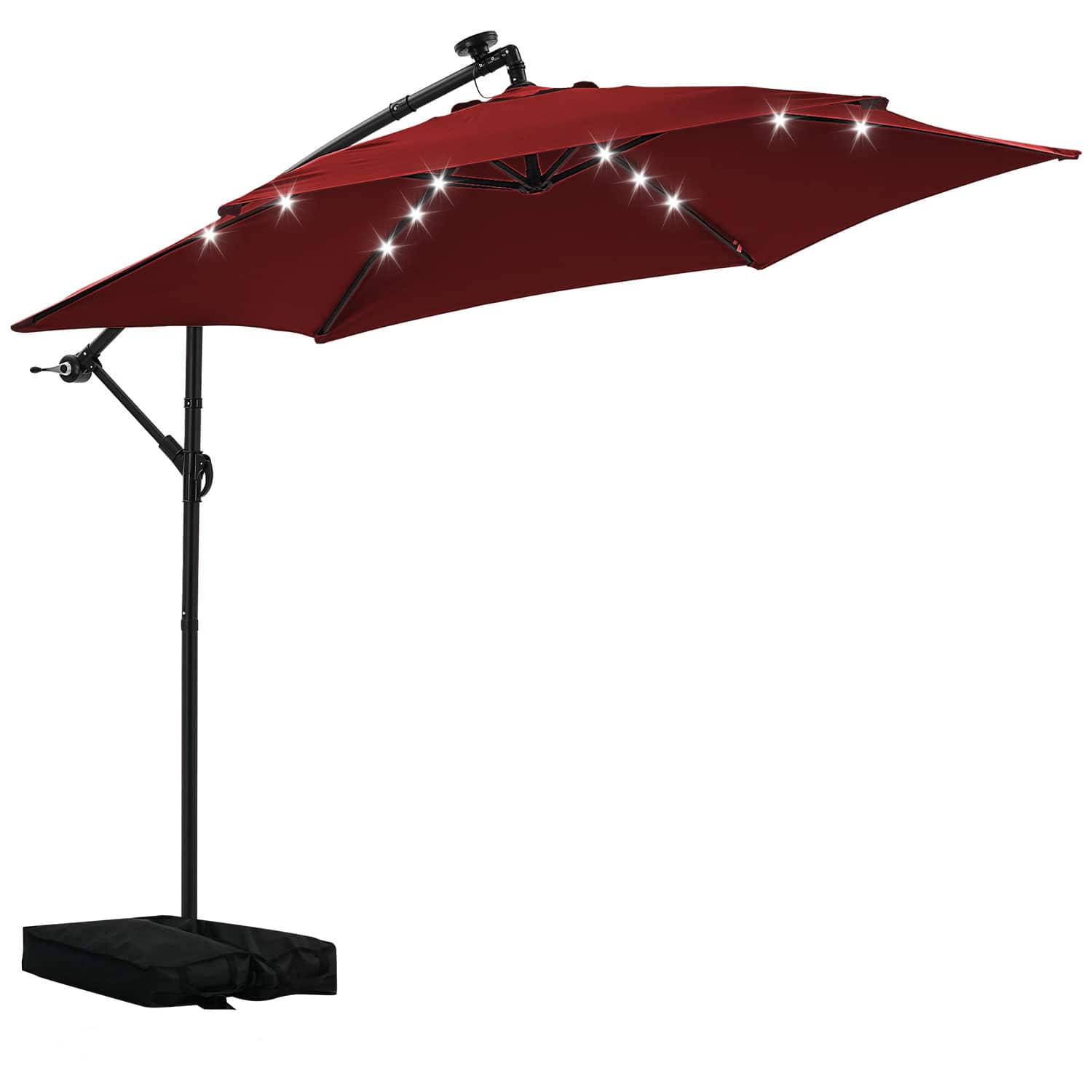 Ainfox - 10FT Solar LED Outdoor Patio Yard Offset Umbrella with Cross Base for Market,Garden,Deck,Backyard,Pool,with light - Red