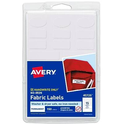 AVERY  
HANDWRITE ONLY  
NO-IRON  
Fabric Labels  
Washer & dryer safe, no iron needed  
PERMANENT  
150 Labels  
ASSORTED shapes & sizes  
40726  
15 LABS  
94072600