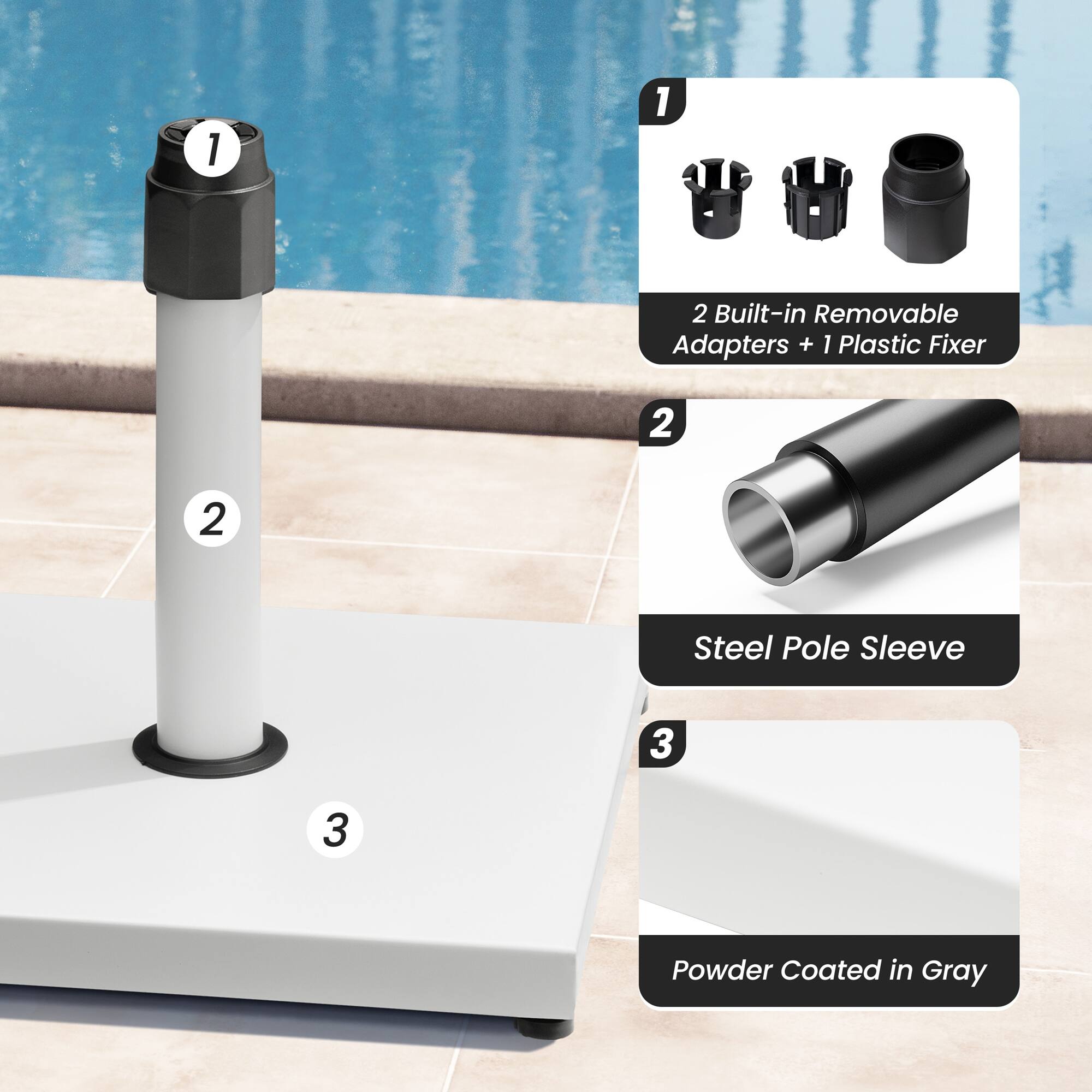 1. 2 Built-in Removable Adapters + 1 Plastic Fixer  
2. Steel Pole Sleeve  
3. Powder Coated in Gray