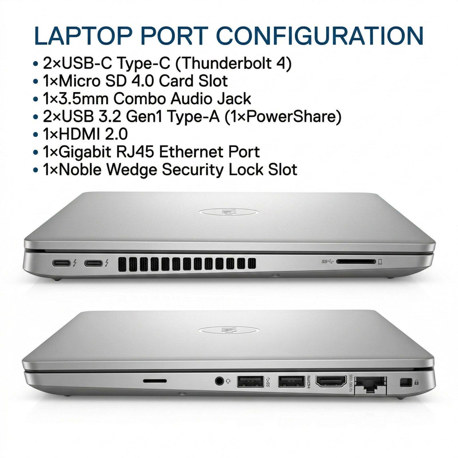 LAPTOP PORT CONFIGURATION

- 2x USB-C Type-C (Thunderbolt 4)
- 1x Micro SD 4.0 Card Slot
- 1x 3.5mm Combo Audio Jack
- 2x USB 3.2 Gen1 Type-A (1x PowerShare)
- 1x HDMI 2.0
- 1x Gigabit RJ45 Ethernet Port
- 1x Noble Wedge Security Lock Slot