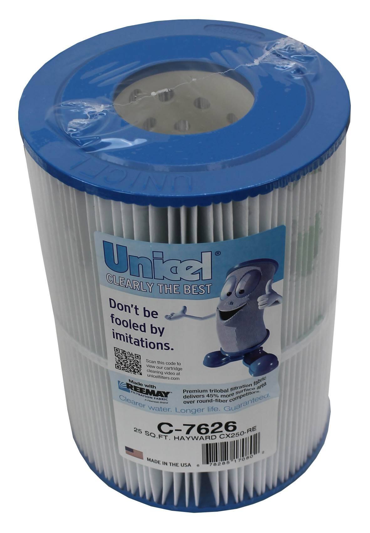 Unicel  
CLEARLY THE BEST  
Don't be fooled by imitations.  
Scan this code to view our cartridge cleaning video at unicelfilters.com  

Made with area REEMAY Premium trilobal filtration fabric  
Delivers 45% more surface area than round-fiber competitors.  
Clearer water. Longer life.  

C-7626  
HAYWARD CX250-RE  
25 SQ. FT.  
MADE IN THE USA  

78285 17080