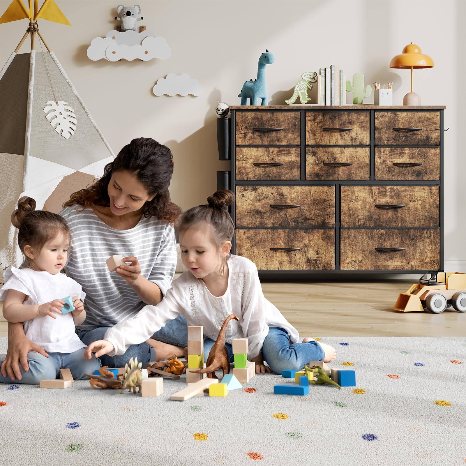 Left. Jojoka - Fabric 10 Drawer Dresser for Bedroom, Metal Frame Storage Organizer with Side Pockets & Hooks - Brown.