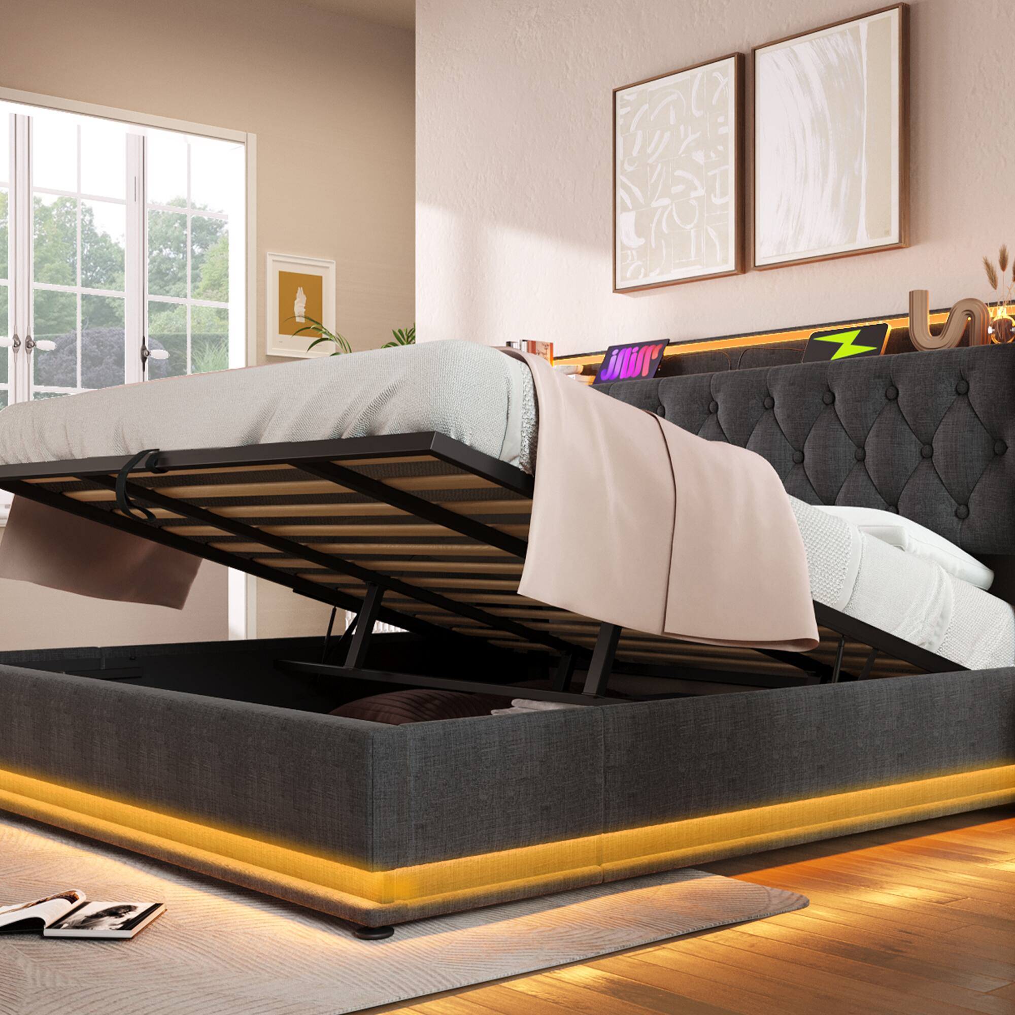 Alt View 6. GOODSILO - King Size Upholstered Bed with LED Lighting, Hydraulic Storage, and USB Charging - Gray.