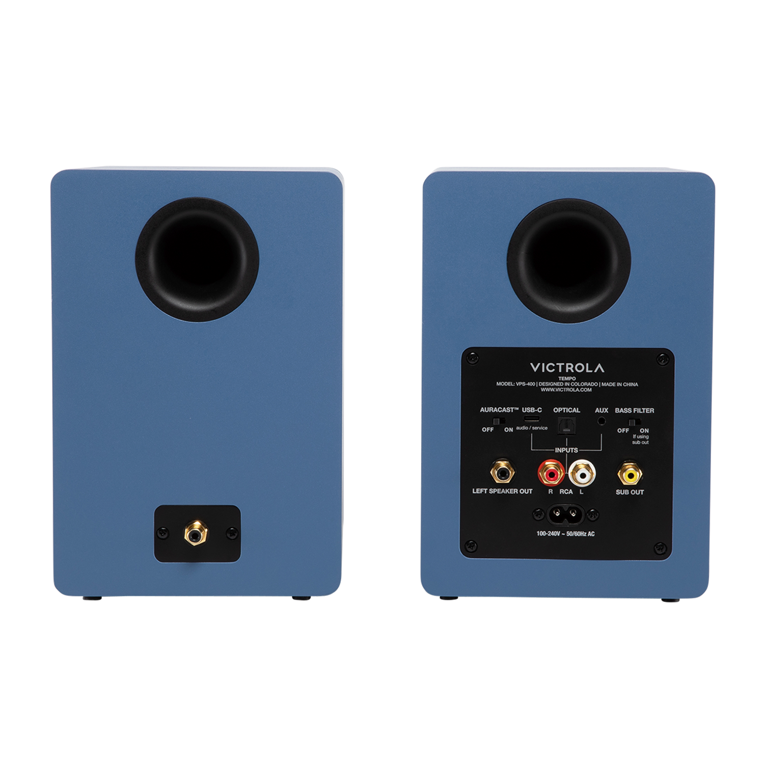 VICTROLA MODEL: VPS-360 DESIGNED IN CHINA MADE IN CHINA AURACAST USB-C OPTICAL AUX BASS FILTER OFF ON INPUTS OFF ON LEFT SPEAKER OUT RICA L SUB OUT 100-240V 50/60Hz AC