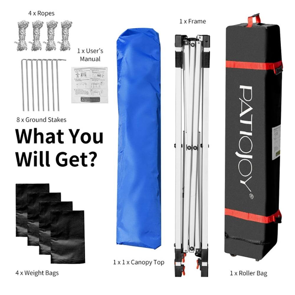 4 x Ropes  
1 x Frame  
1 x User's Manual  
8 x Ground Stakes  

What You Will Get?  

1 x Canopy Top  
4 x Weight Bags  
1 x Roller Bag
