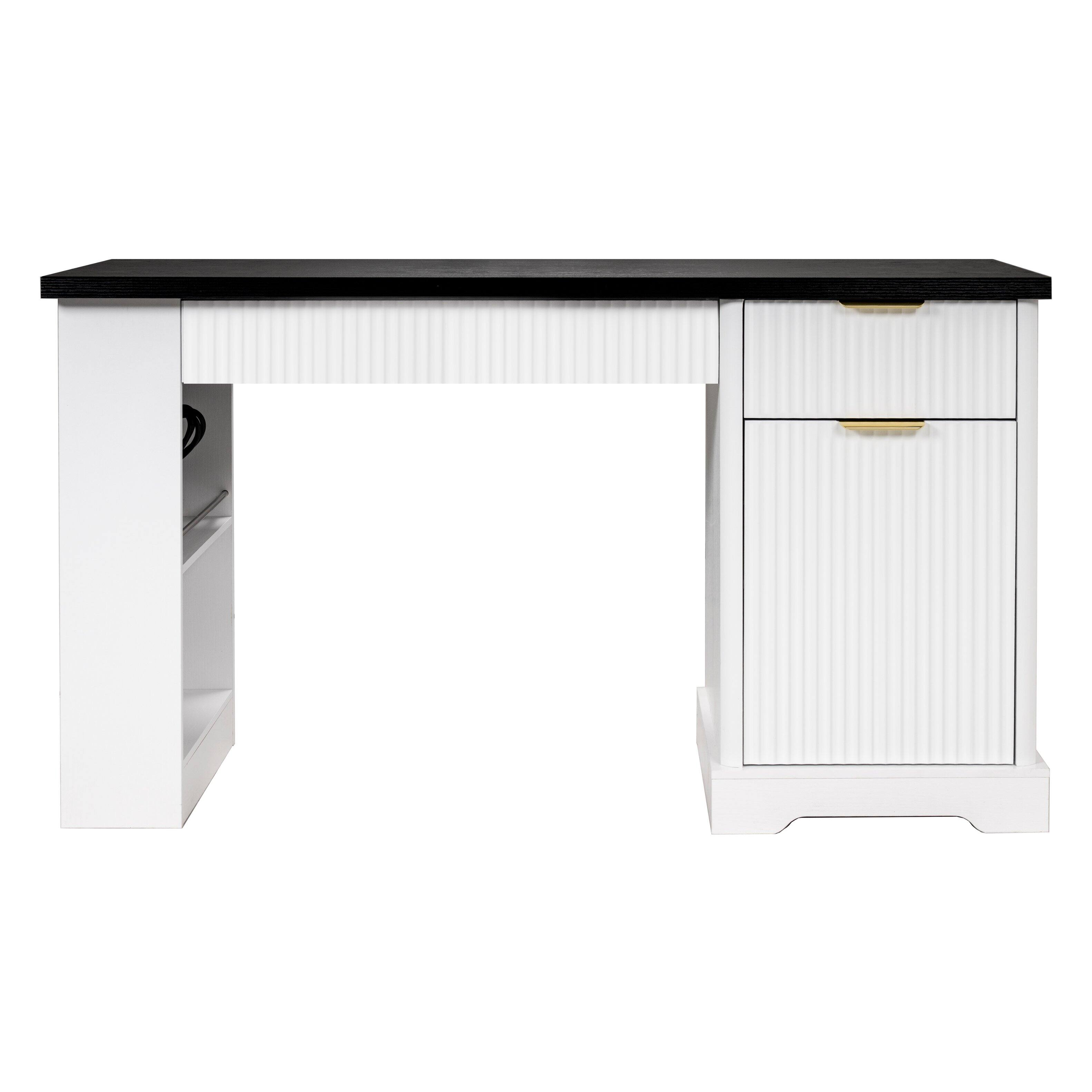 Alt View 4. Boyel Living - 55 Inch Fluted Office Desk with Storage Cabinet Drawers and Power Outlet White - Oak.