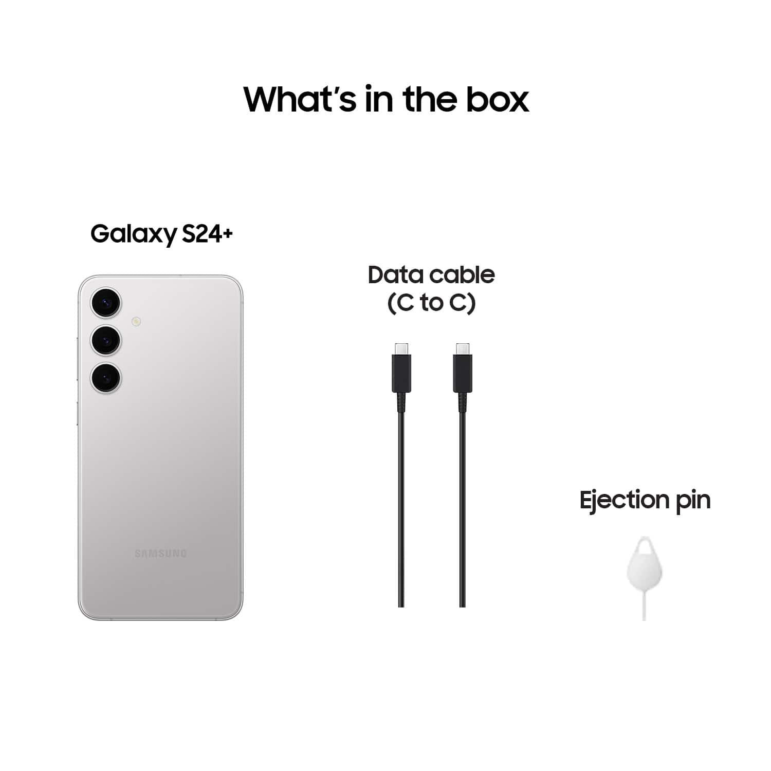 The image features a Samsung Galaxy S24+ smartphone along with a data cable and an ejection pin. The phone is displayed in the foreground, while the data cable and ejection pin are placed in the background. The data cable is connected to the phone, indicating that it is being used to transfer data or charge the device. The ejection pin is a small tool used to safely remove the battery from the phone.