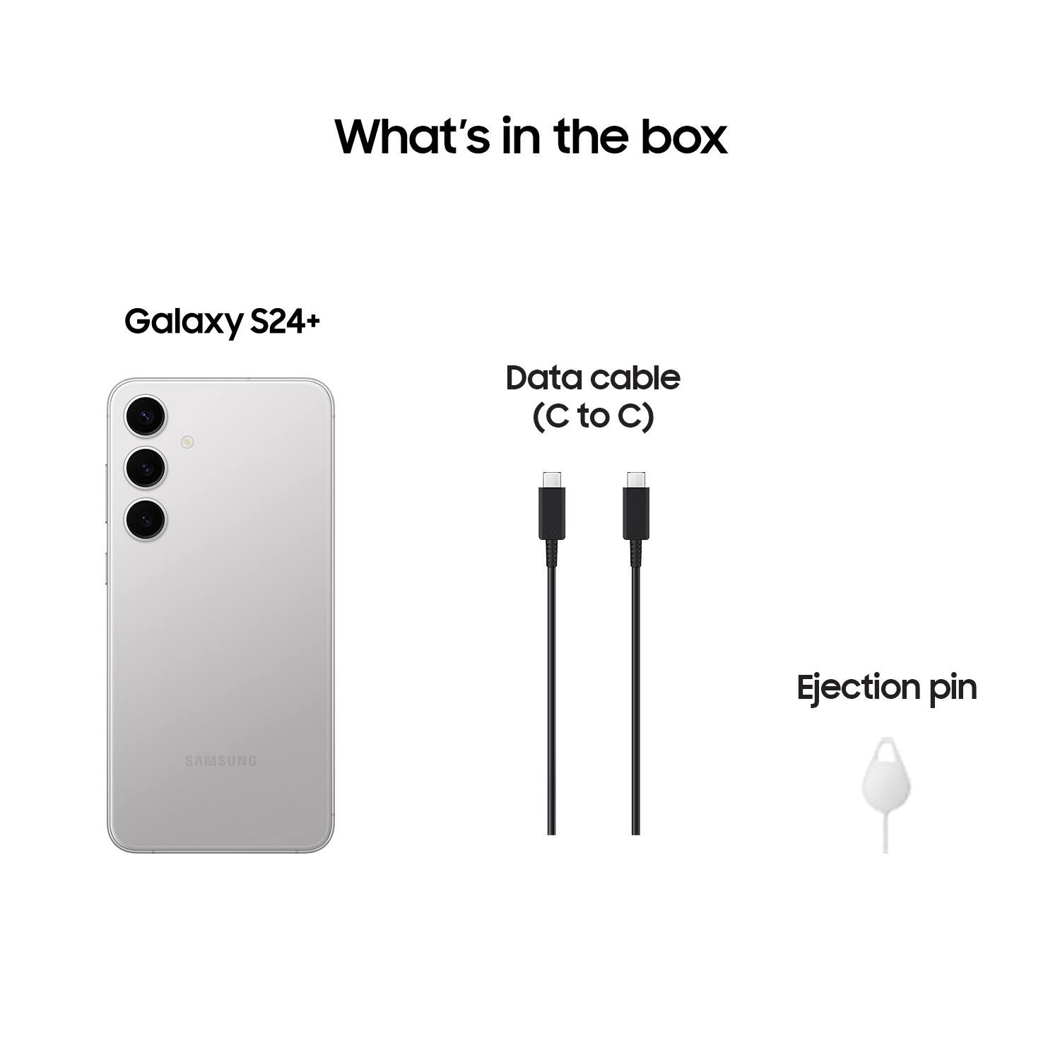 The image features a Samsung Galaxy S24+ smartphone along with a data cable and an ejection pin. The phone is displayed in the foreground, while the data cable and ejection pin are placed in the background. The data cable is connected to the phone, indicating that it is being used to transfer data or charge the device. The ejection pin is a small tool used to safely remove the battery from the phone.