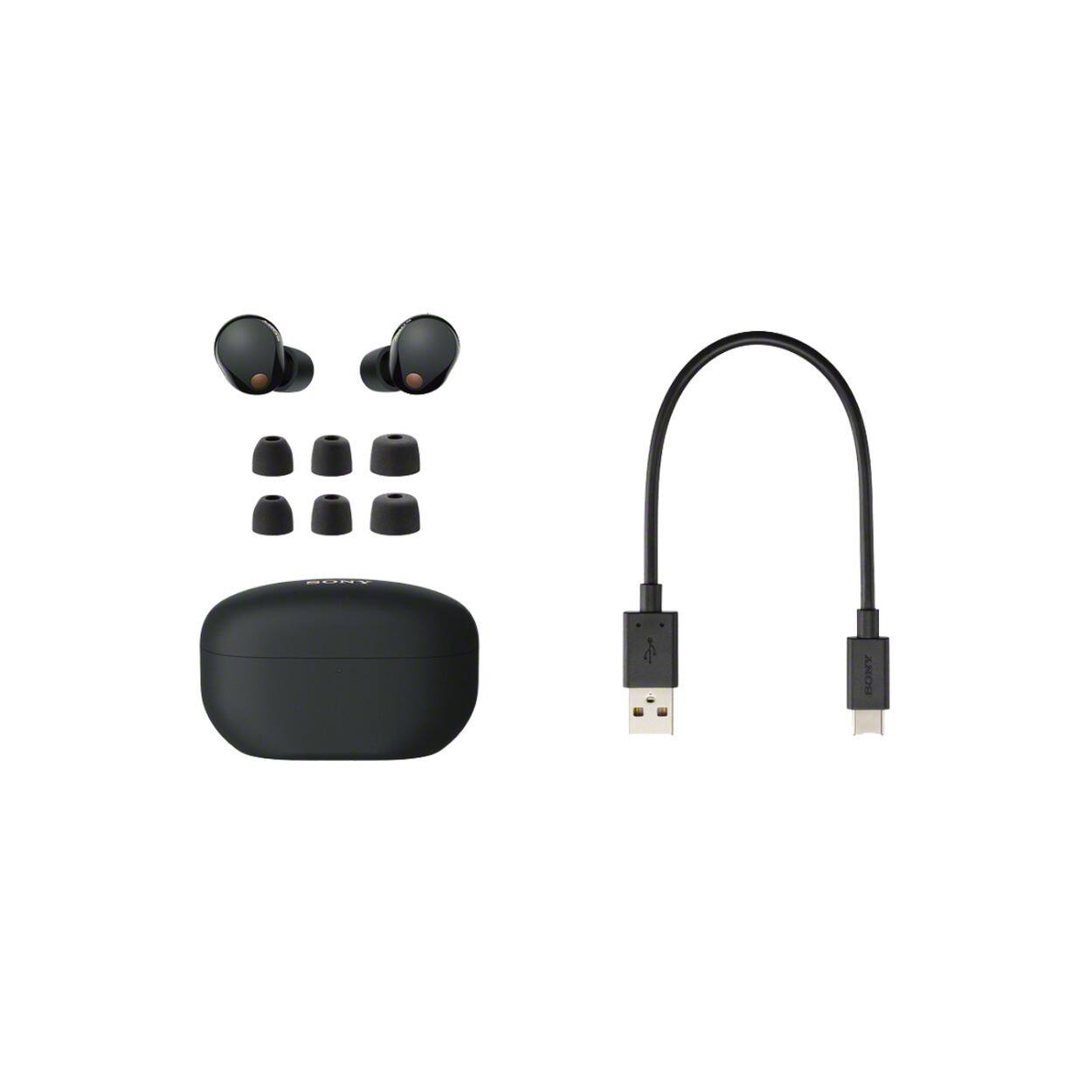 Left. Sony - Sony WF-1000XM5 Truly Wireless Noise Canceling Earbuds (Black) Bundle - Silver.