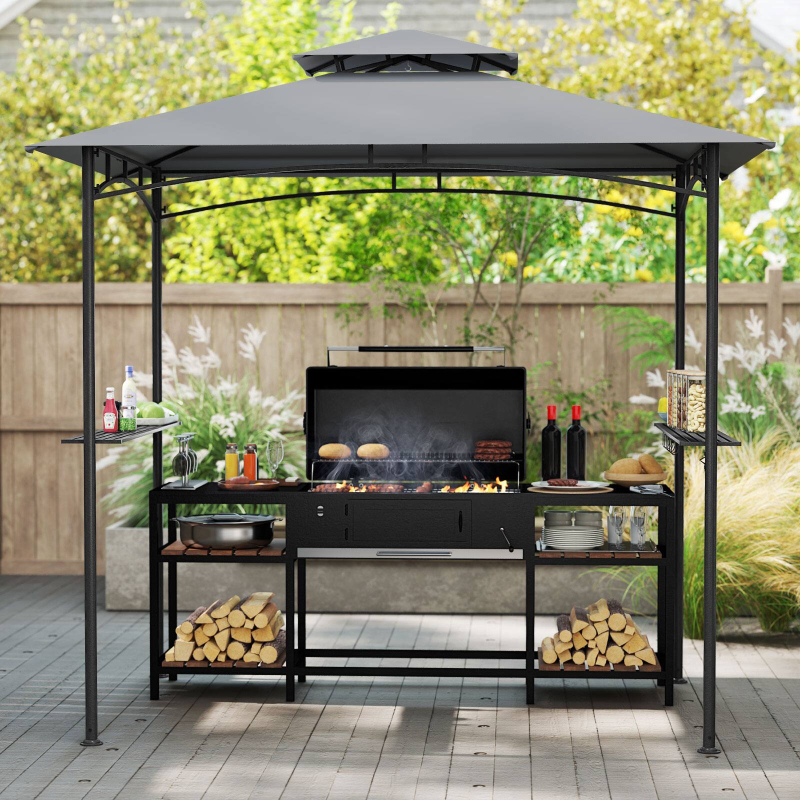 Alt View 1. Gymax - Gymax 8' x 5' Grill Gazebo Outdoor Double-Tiered Grill Canopy w/ 2 Shelves & 6 Hooks - Grey, Black.