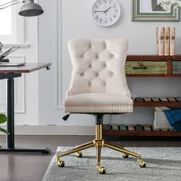 GOODSILO - Modern Velvet Upholstered Office Chair with Tufted Button Design and Golden Metal Base for Home Workspace - Beige