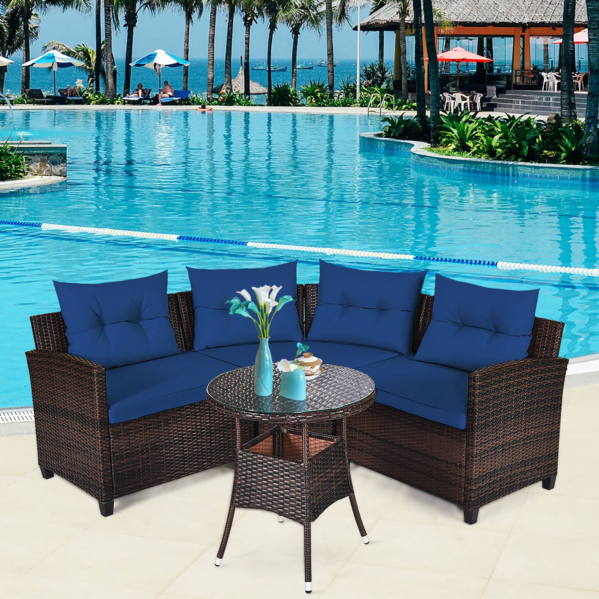 Alt View 8. Costway - 4PCS Outdoor Patio Rattan Furniture Set Cushioned Sofa Table - Dark Brown/Navy.