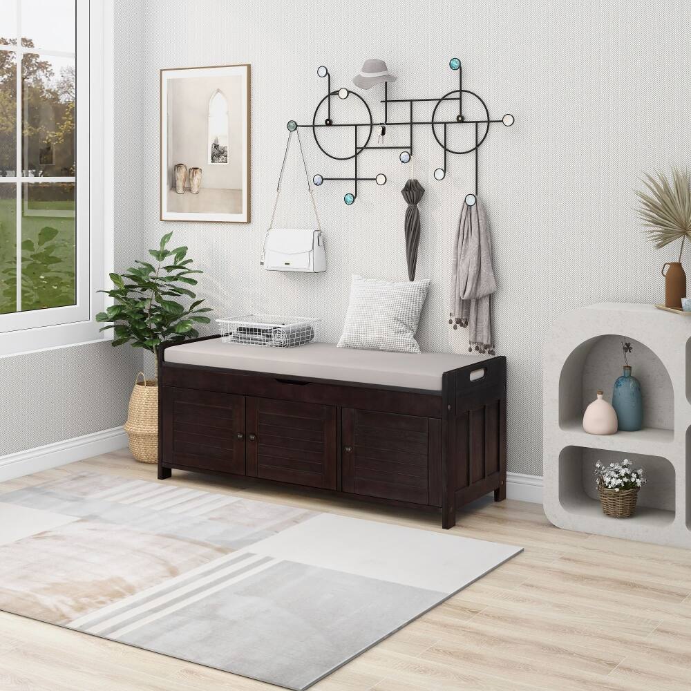 Alt View 9. Ropilly - Ropilly Espresso Wooden Entryway Storage Bench with Cushion - Espresso.