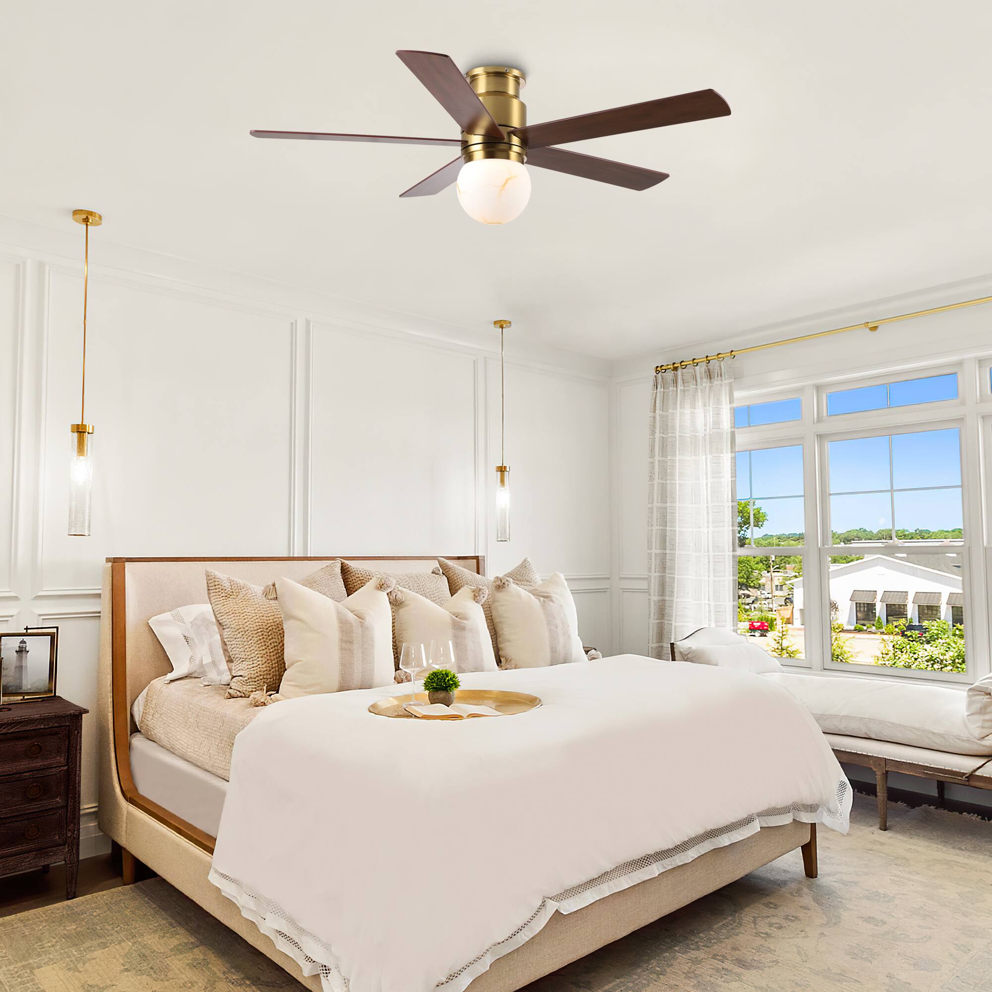 Angle. Parrot Uncle - 52"  Low Profile Ceiling Fan with 3CCT Dimmable LED Light and Remote - Gold.