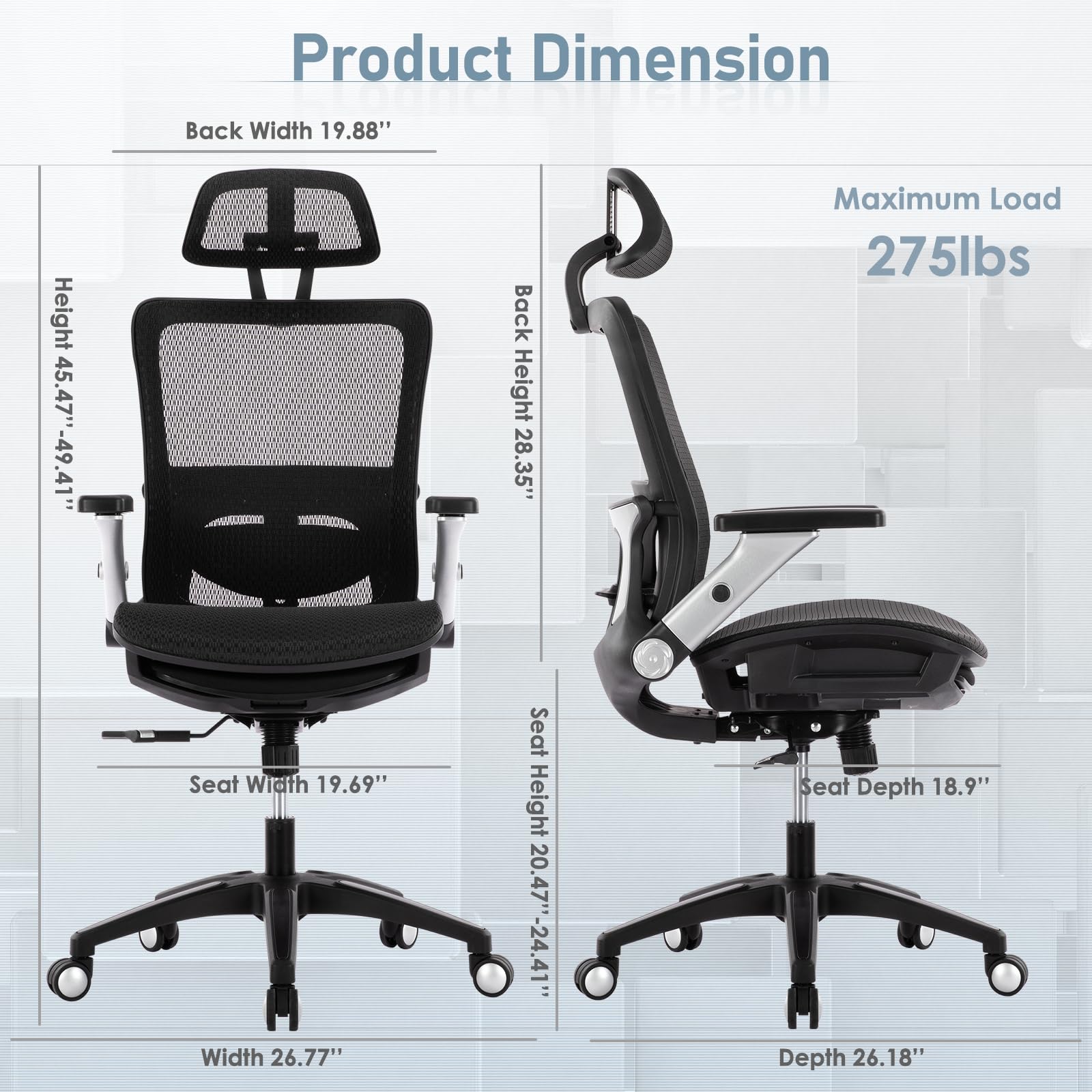 Product Dimension

- Back Width: 19.88"
- Height: 45.47" - 49.41"
- Back Height: 28.35"
- Maximum Load: 275lbs
- Seat Width: 19.69"
- Width: 26.77"
- Seat Height: 20.47" - 24.41"
- Seat Depth: 18.9"
- Depth: 26.18"