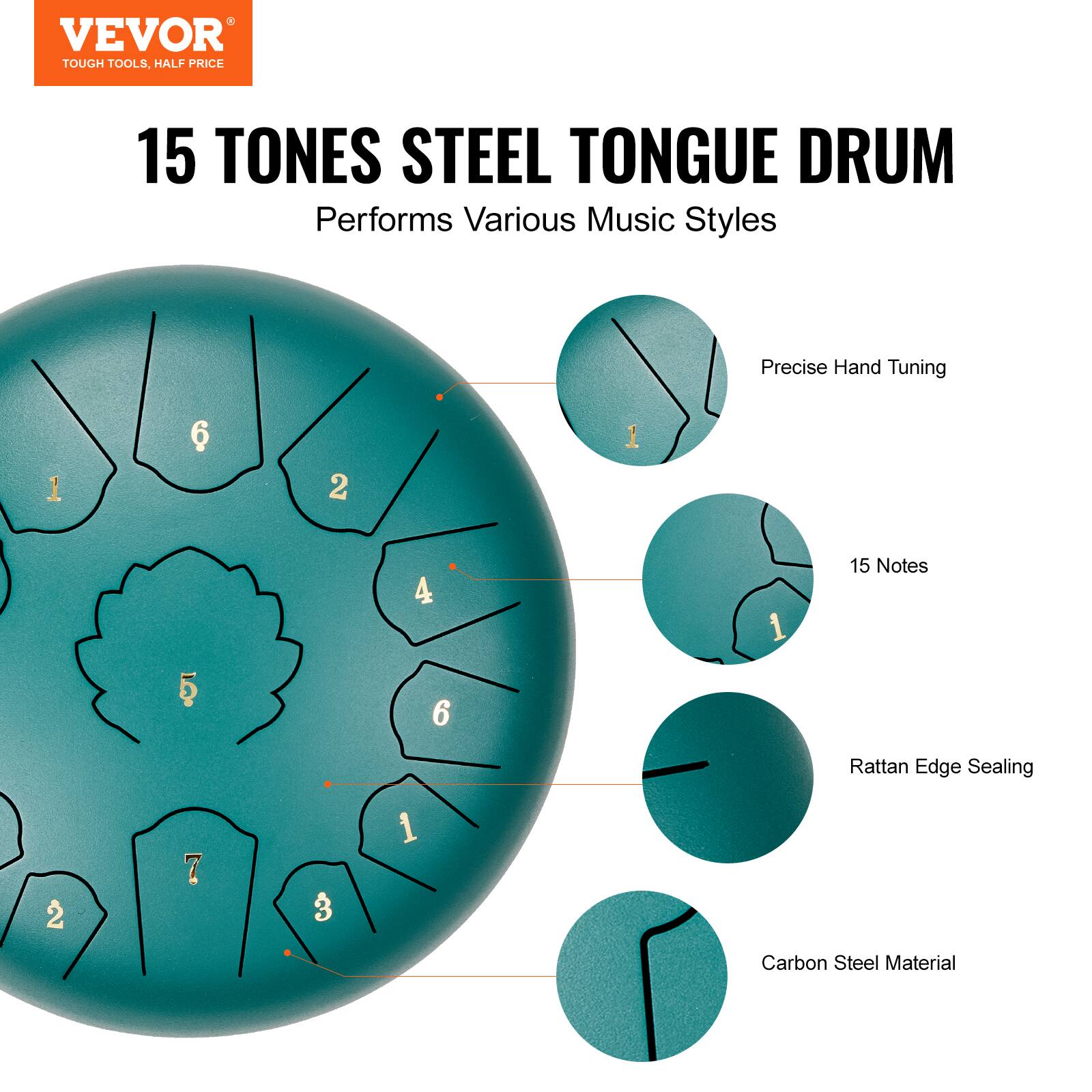 VEVOR  
TOUGH TOOLS, HALF PRICE  

15 TONES STEEL TONGUE DRUM  
Performs Various Music Styles  

- Precise Hand Tuning  
- 15 Notes  
- Rattan Edge Sealing  
- Carbon Steel Material
