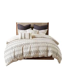 Gracie Mills - Donny Farmhouse Geometric Striped Cotton Jacquard Duvet Set - Ivory/Charcoal