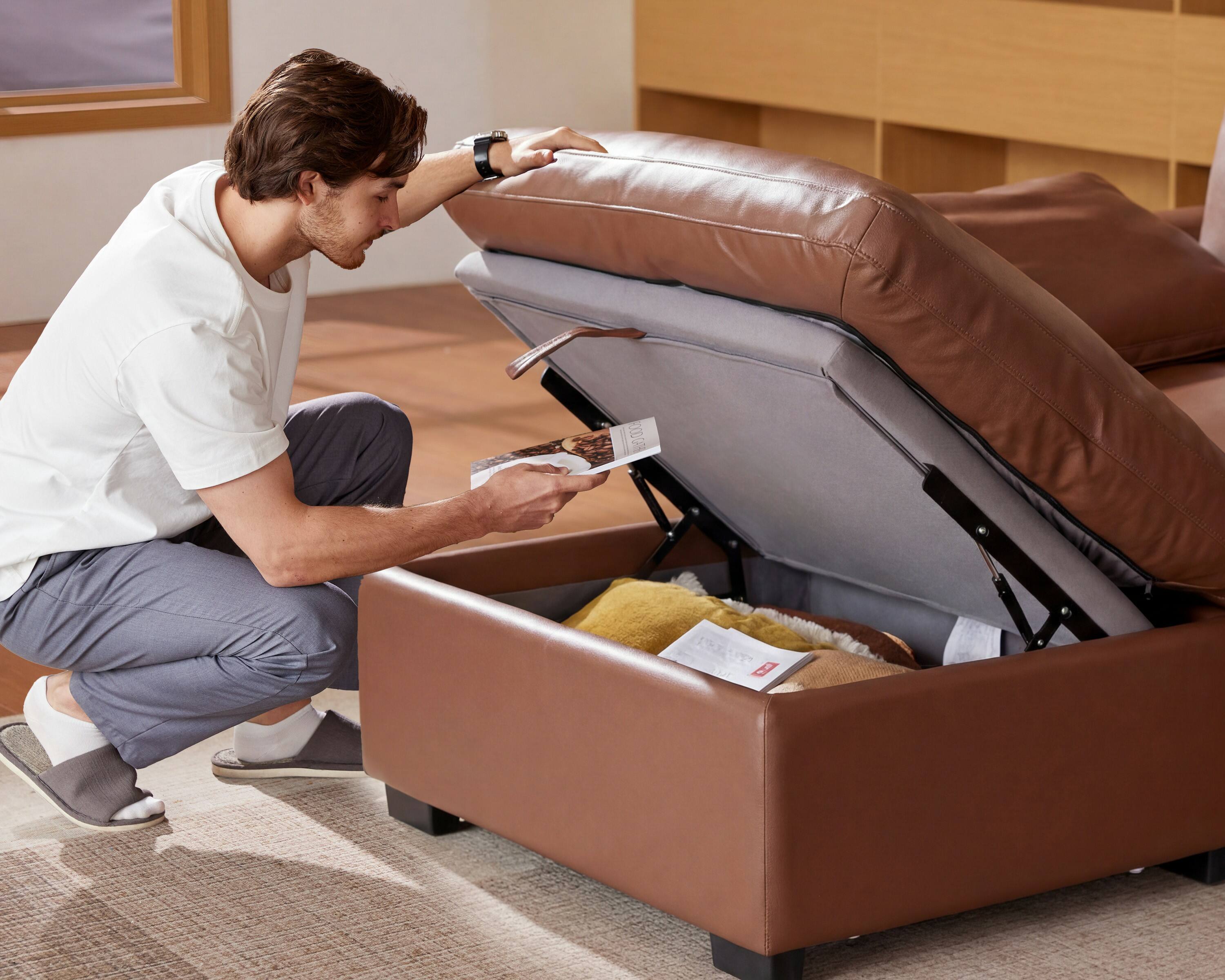 Back. Dyonery - 120" U Shaped  Couch with Storage Ottoman， Down-Filled Wide Deep Seat, Solid Wood Frame, Tool Free, Faux Leather Brown - Brown.