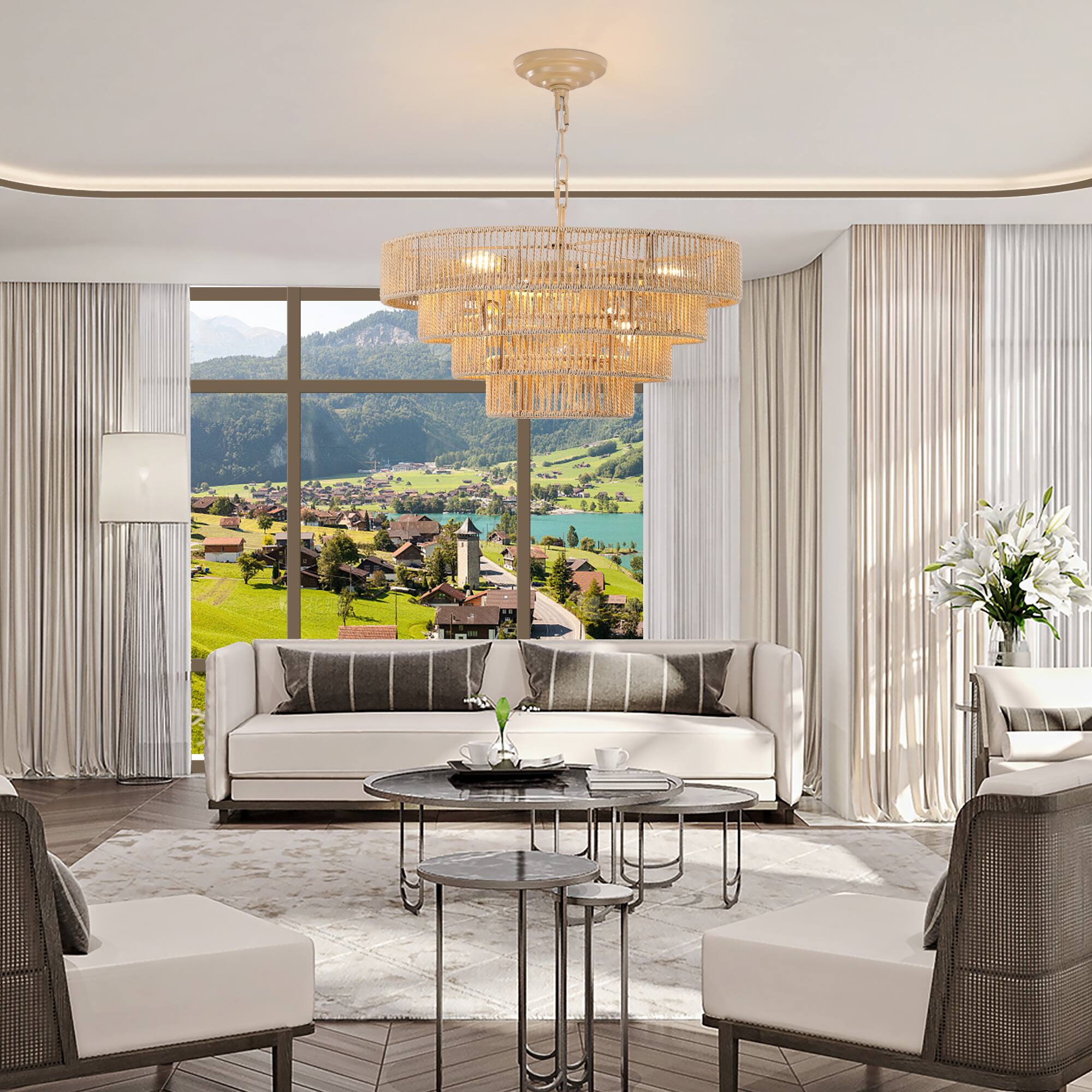 Back. Tiramisubest - 20" Modern 4-Layer Woven Hemp Rope Chandelier, Boho Style Pendant Light, Elegant Hanging Light Fixture (No Bulbs) - Wood.