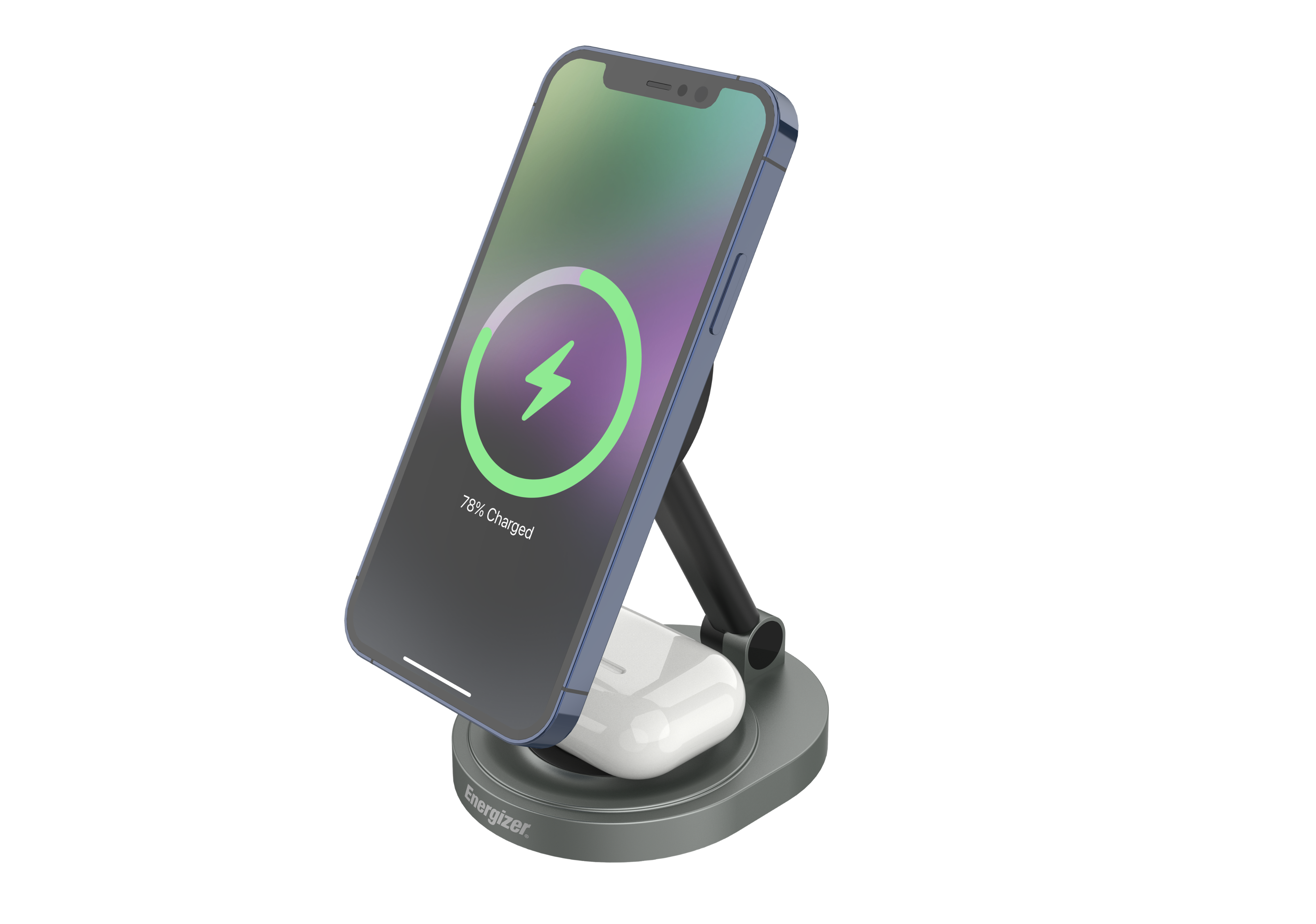 The image shows a cell phone that is 78% charged, sitting on a charging station. The phone is placed on a stand, and the charging station is connected to the phone via a cable. The charging station is designed to keep the phone upright and easily accessible while it charges. The image also shows the battery level of the phone, indicating that it is almost fully charged.