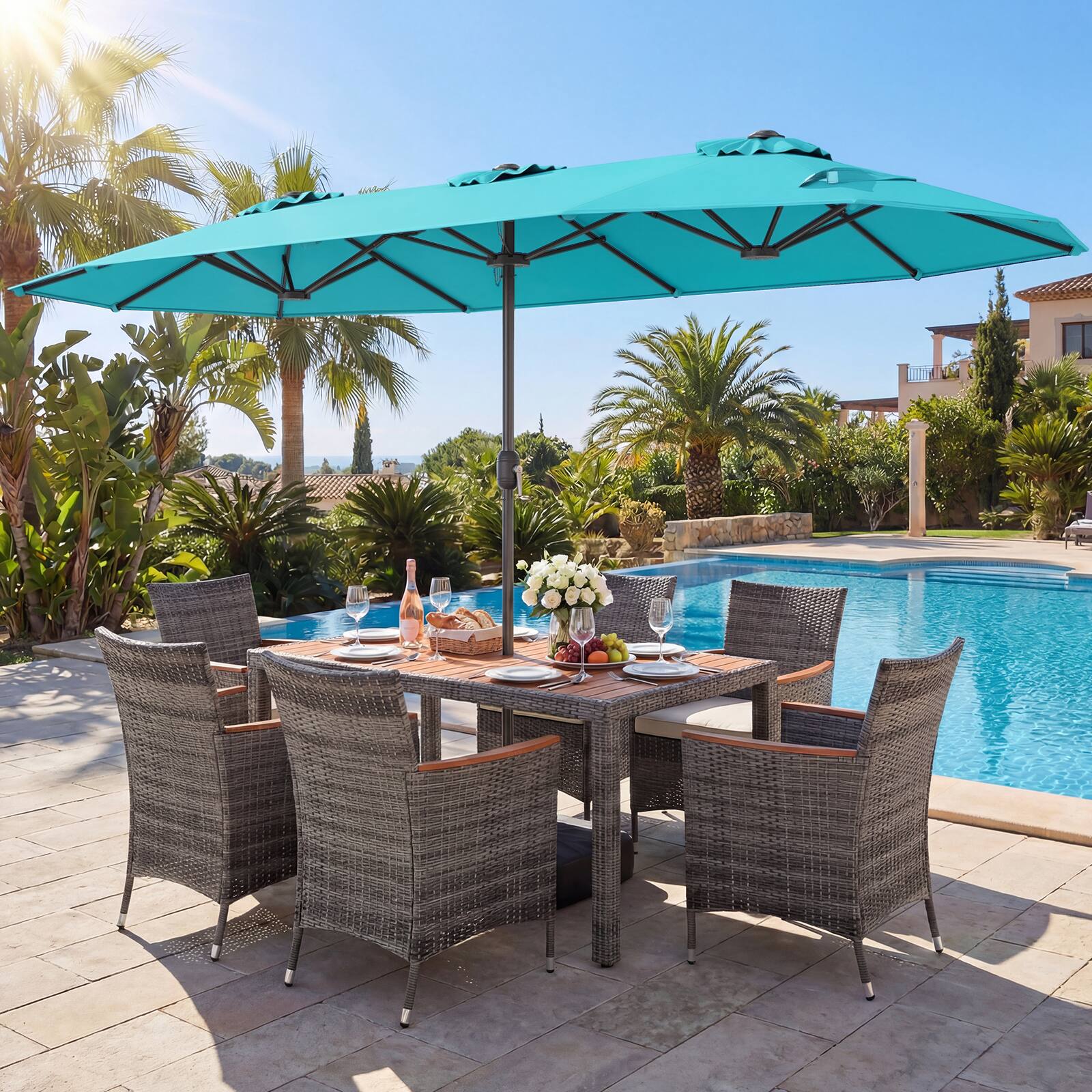 Alt View 4. Gymax - Gymax 8-Piece Patio Dining Set w/ Double-Sided Market Umbrella Acacia Wood Top Turquoise - Green.