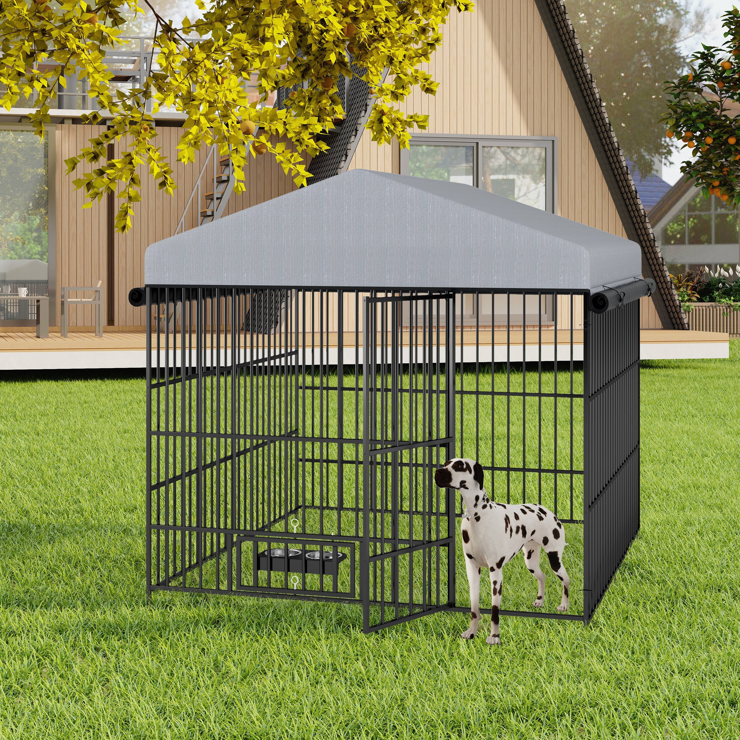 Left. Dexmalle - Dexmalle-6.6'L x 6.6'W x 6.4'H Large Dog Kennel Outdoor Pet Pens Run-Metal Fence with Roof Cover.