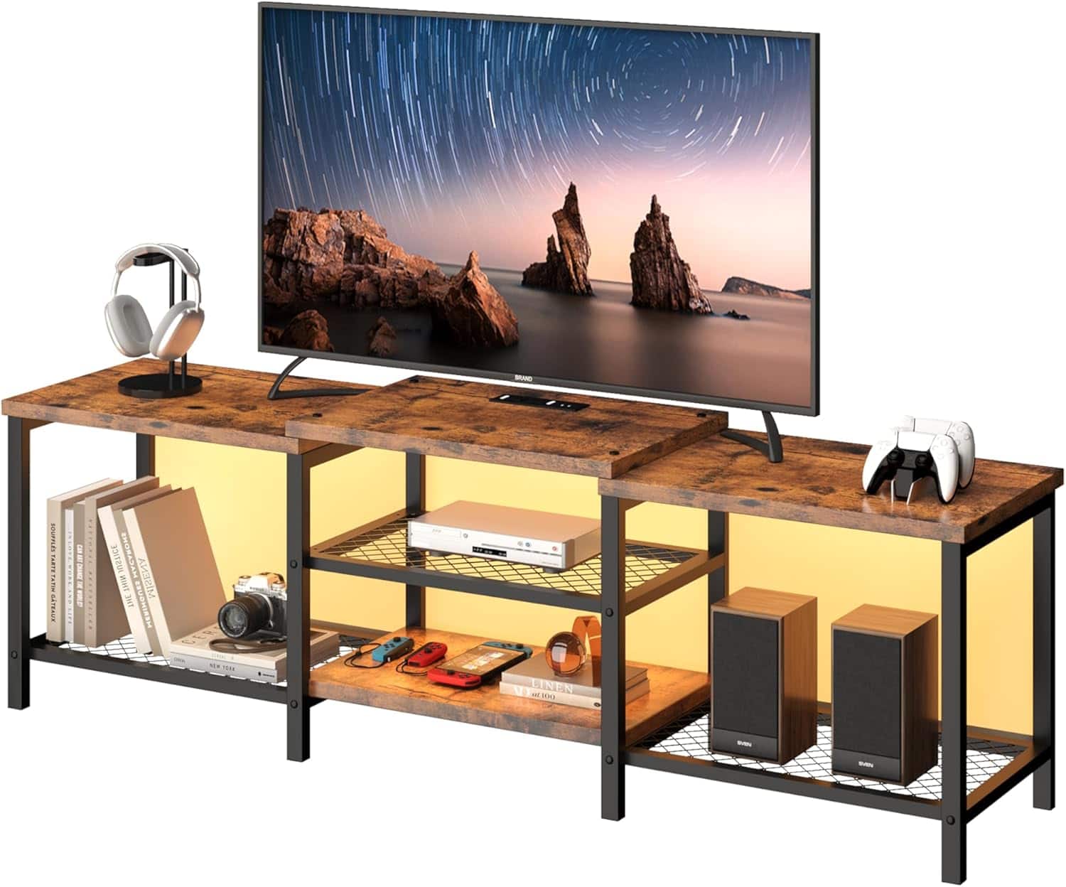 Qeetex - 67" Large TV Stand with LED Lights & Power Outlets, Media Console for 55/65/75 inch TVs, for Living Room & Bedroom - Brown