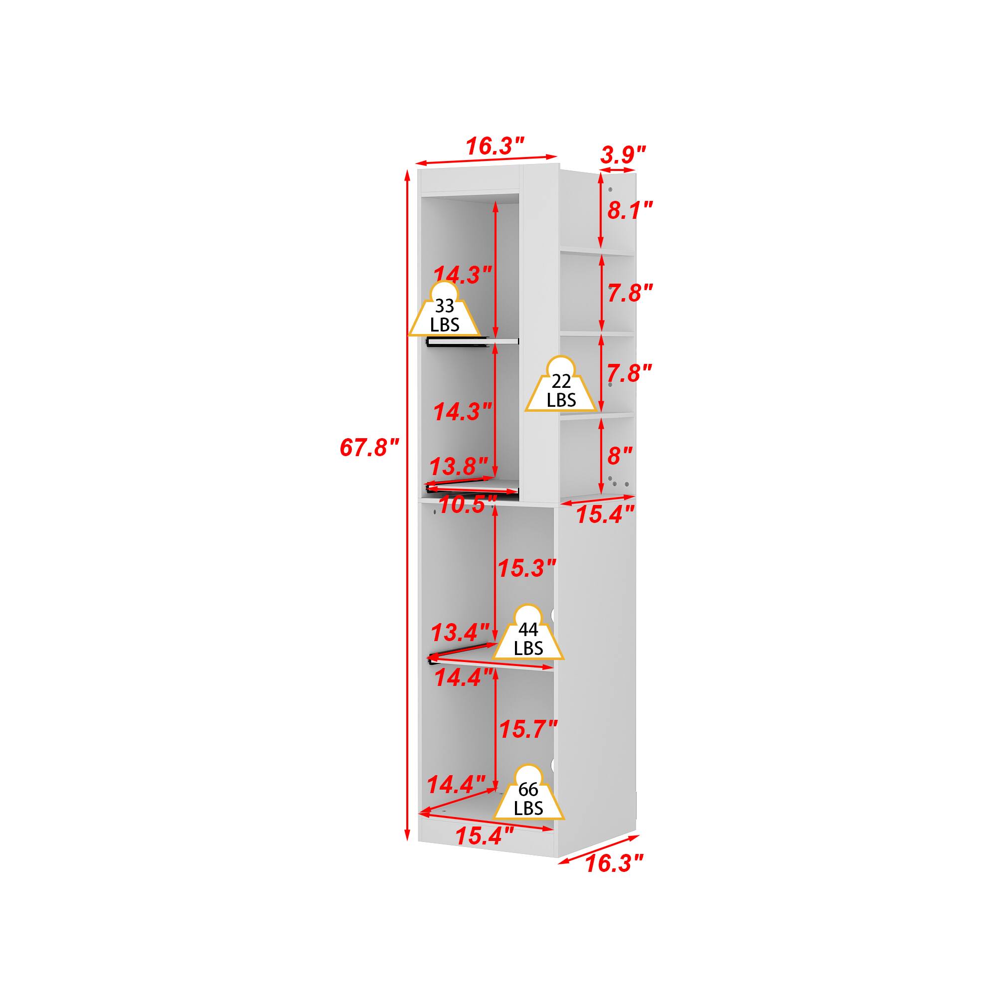 16.3", 3.9", 8.1", 14.3", 33 LBS, 7.8", 14.3", 67.8", 13.8", 22 LBS, 7.8", 8", 10.5", 15.4", 15.3", 13.4", 44 LBS, 14.4", 15.7", 14.4", 66 LBS, 15.4", 16.3"