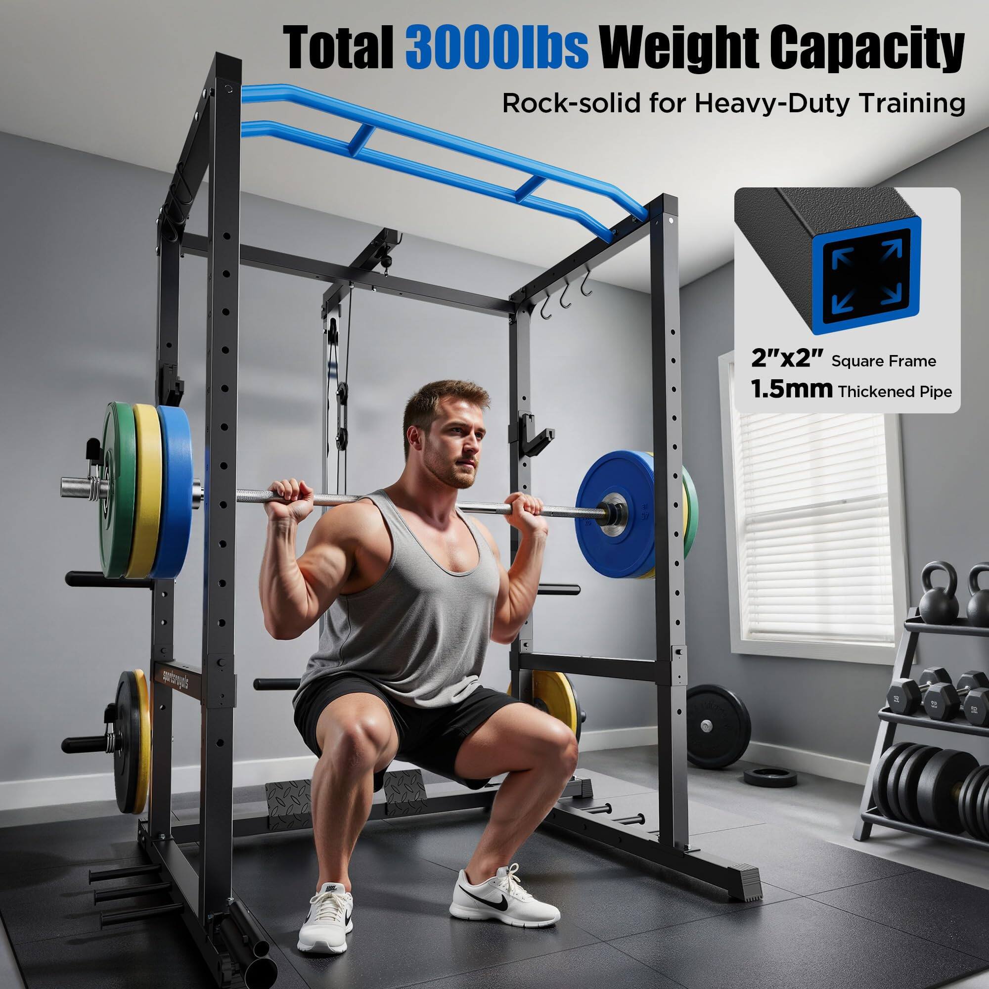Total 3000lbs Weight Capacity  
Rock-solid for Heavy-Duty Training  
2"x2" Square Frame  
1.5mm Thickened Pipe