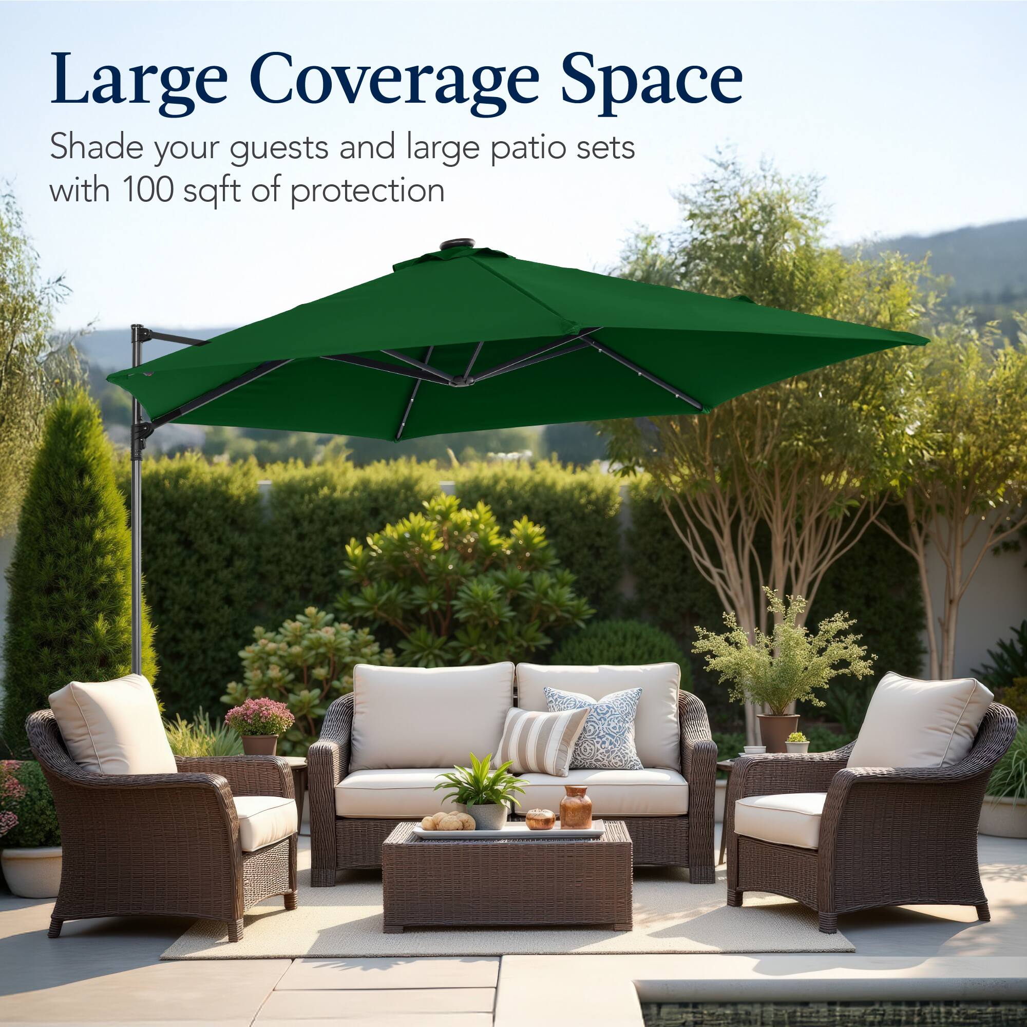 Large Coverage Space

Shade your guests and large patio sets with 100 sqft of protection