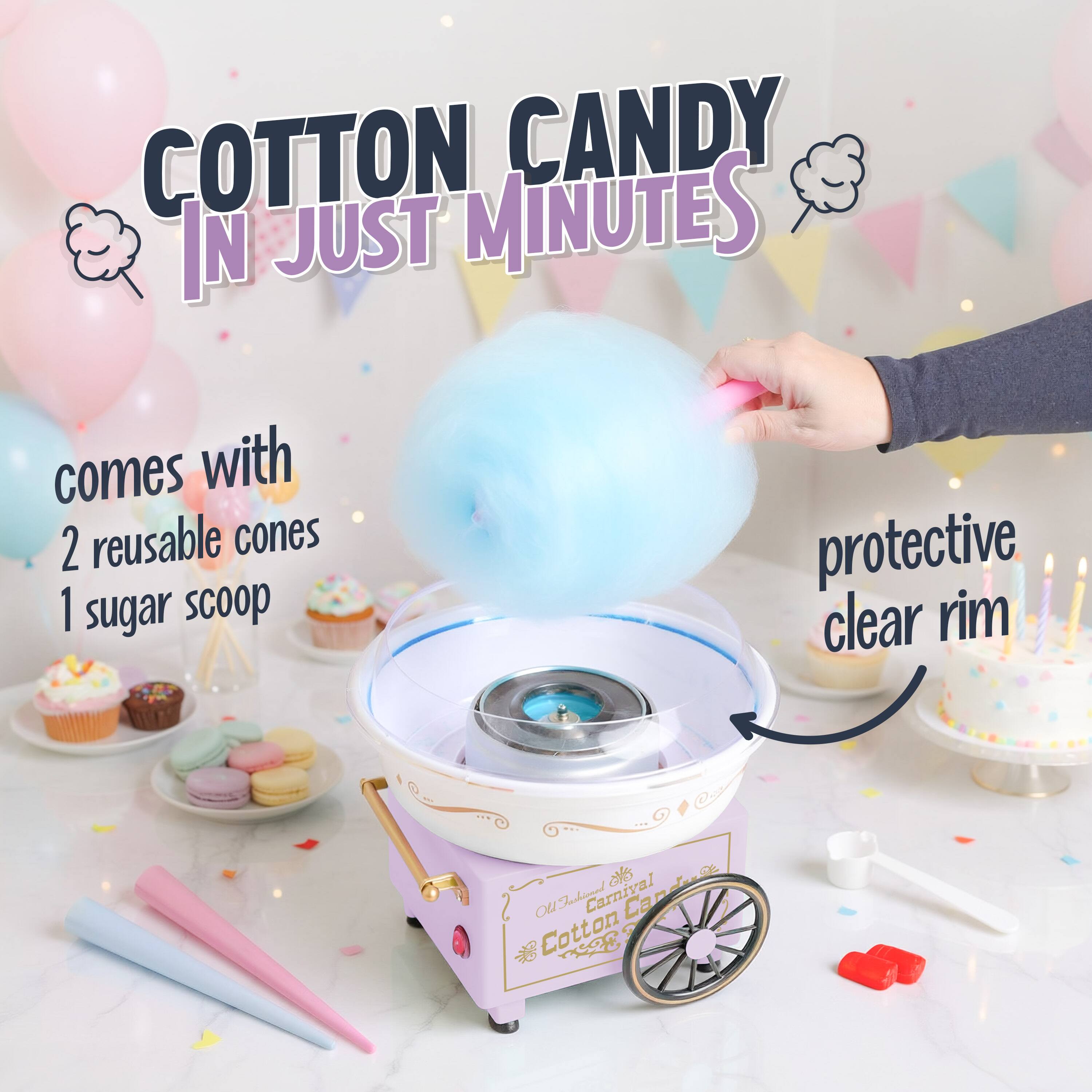 COTTON CANDY IN JUST MINUTES comes with 2 reusable cones 1 sugar scoop protective clear rim